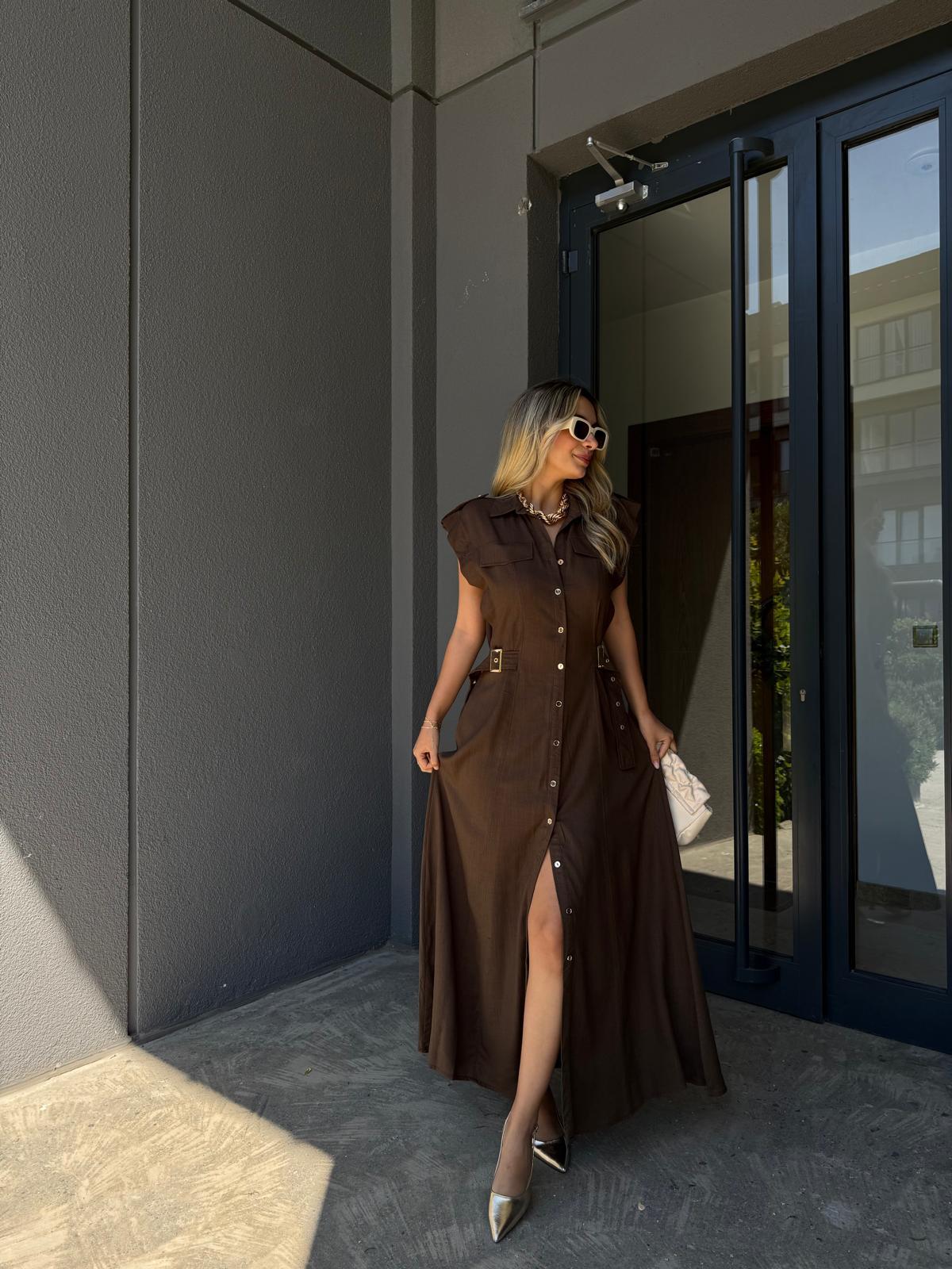 Süs Kemerli Midi Boy Keten Elbise Kahverengi 