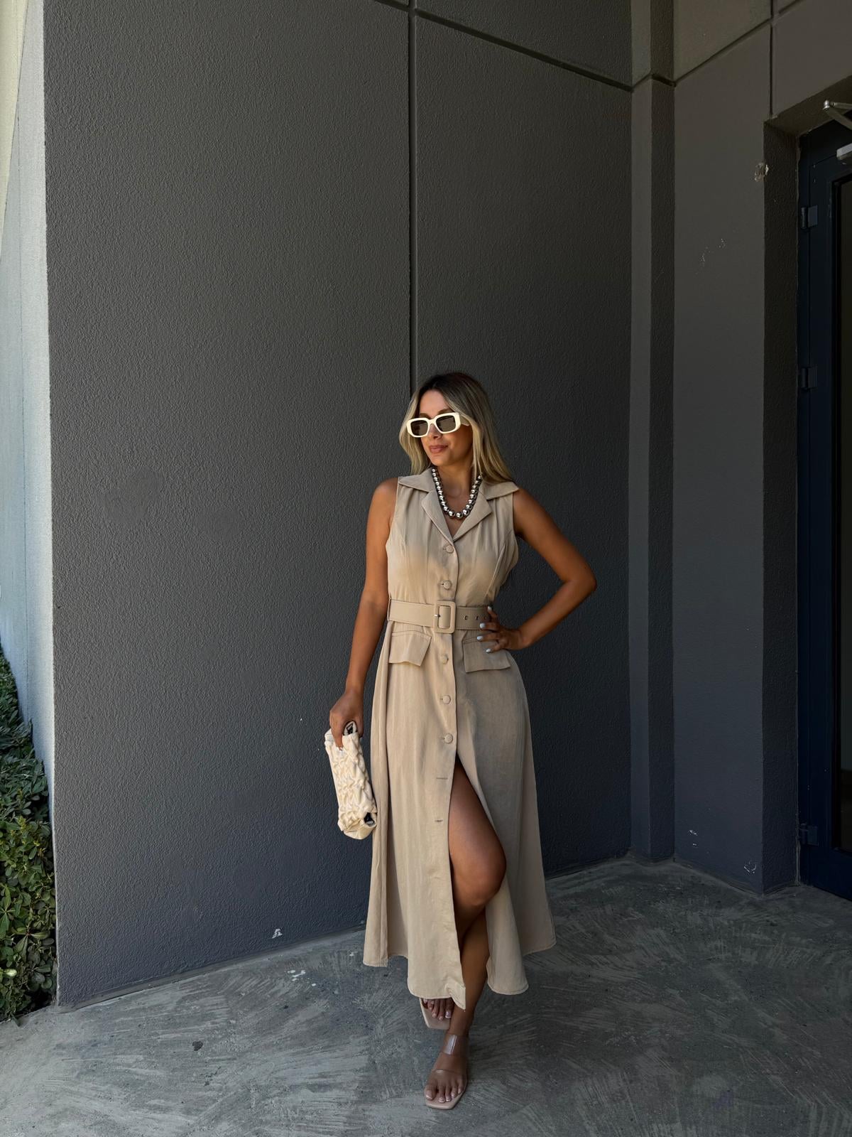 Maria Tensel Kumaş Kemerli Elbise Krem