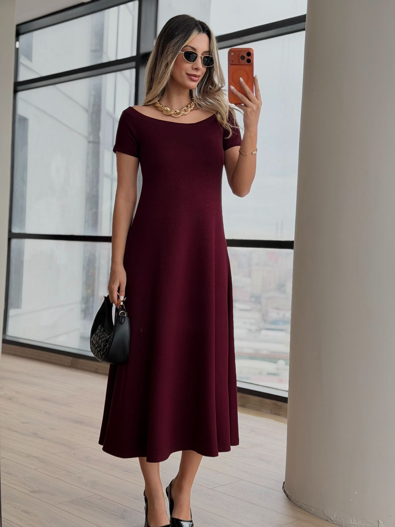 Bordo Modal Omzu Açık ZR Model Elbise