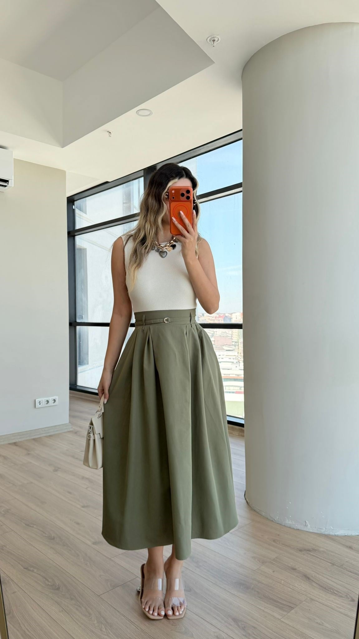 Lady İnce Kemerli Kombin Elbise Krem-Haki