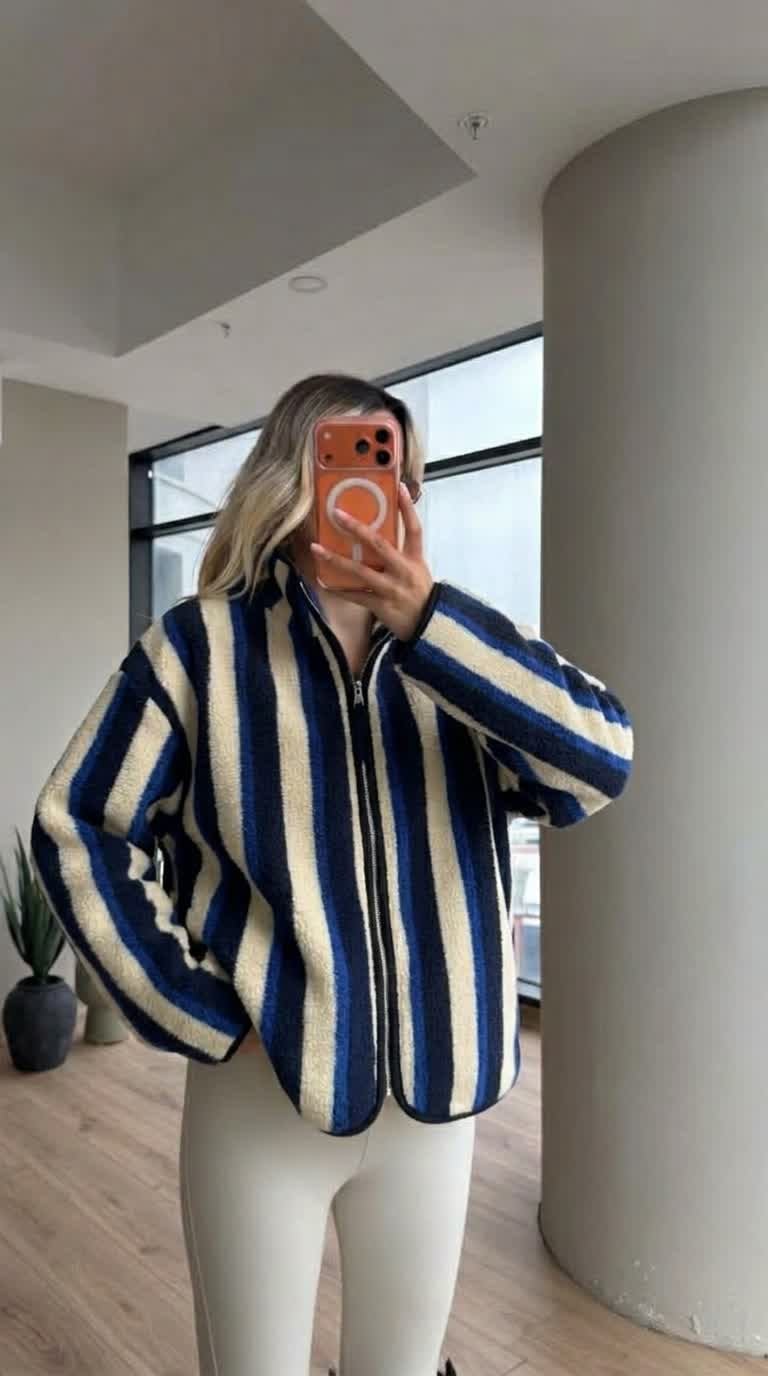 Peluş Teddy Lacivert Krem Şerit Desenli Hırka