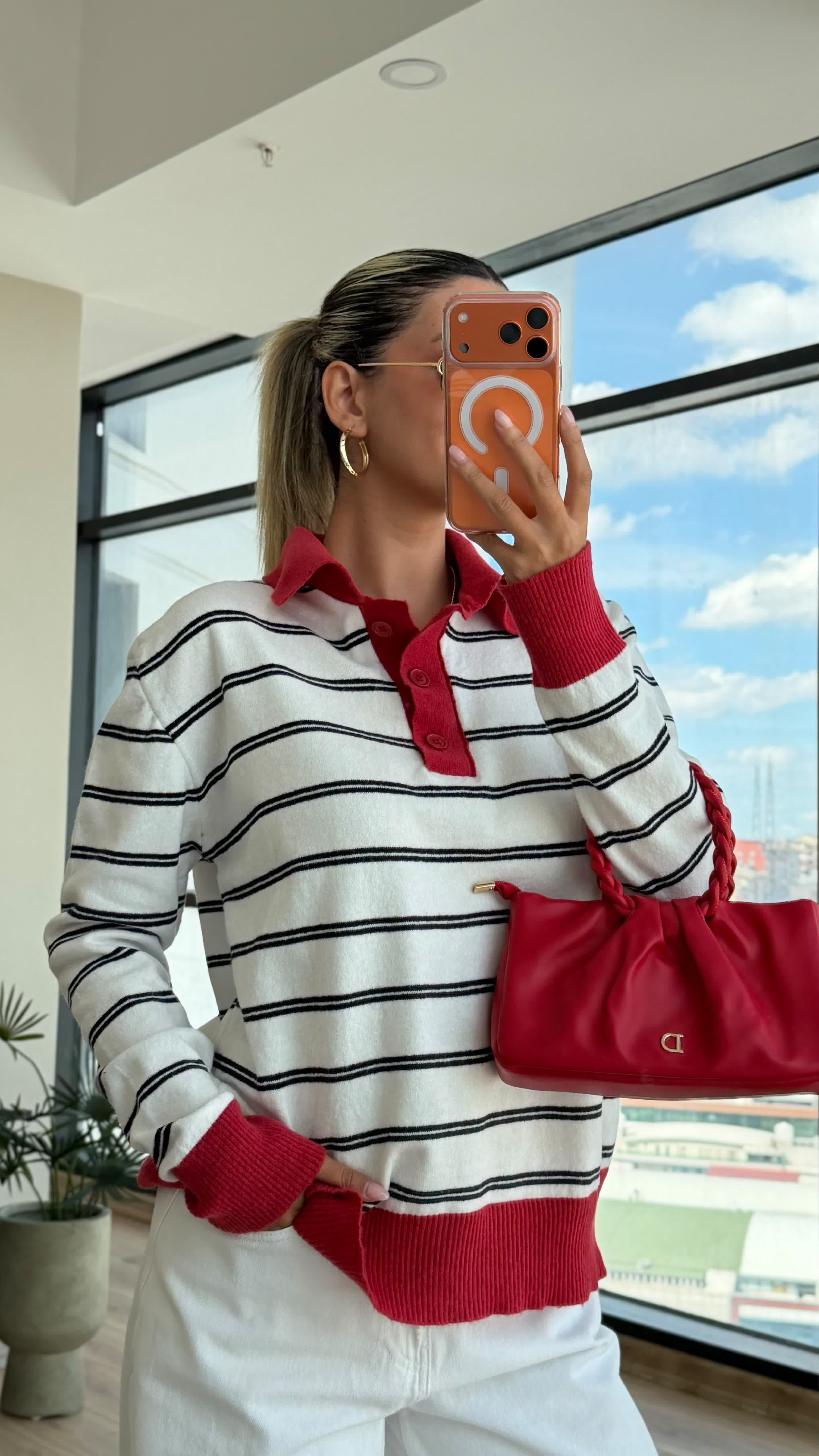  Riva Ekru Çizgili Polo Triko