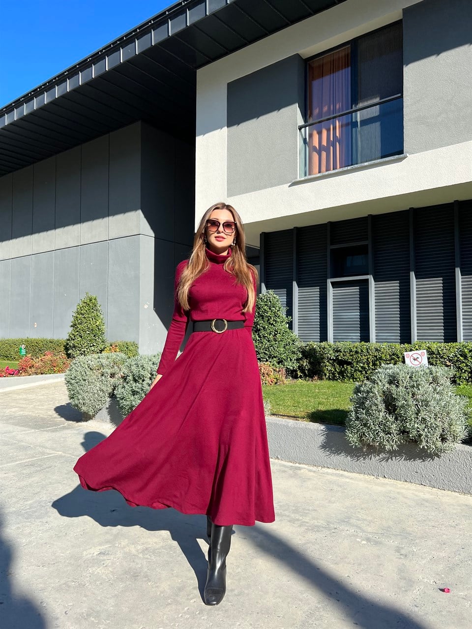 Balıkçı Yaka Bordo Triko Elbise