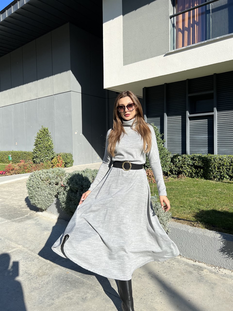 Balıkçı Yaka Gri Triko Elbise