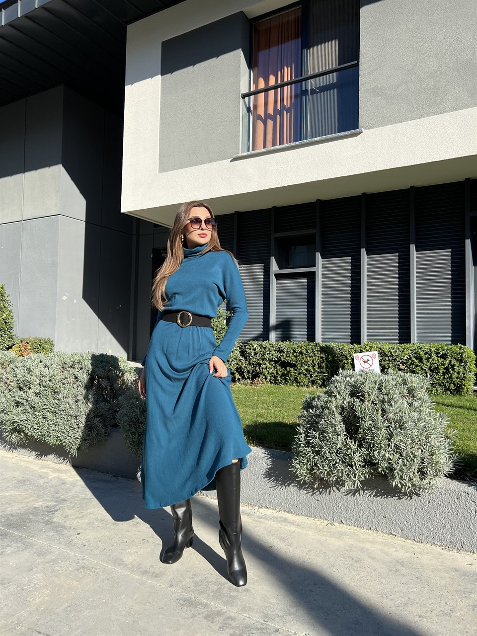 Balıkçı Yaka Mavi Triko Elbise
