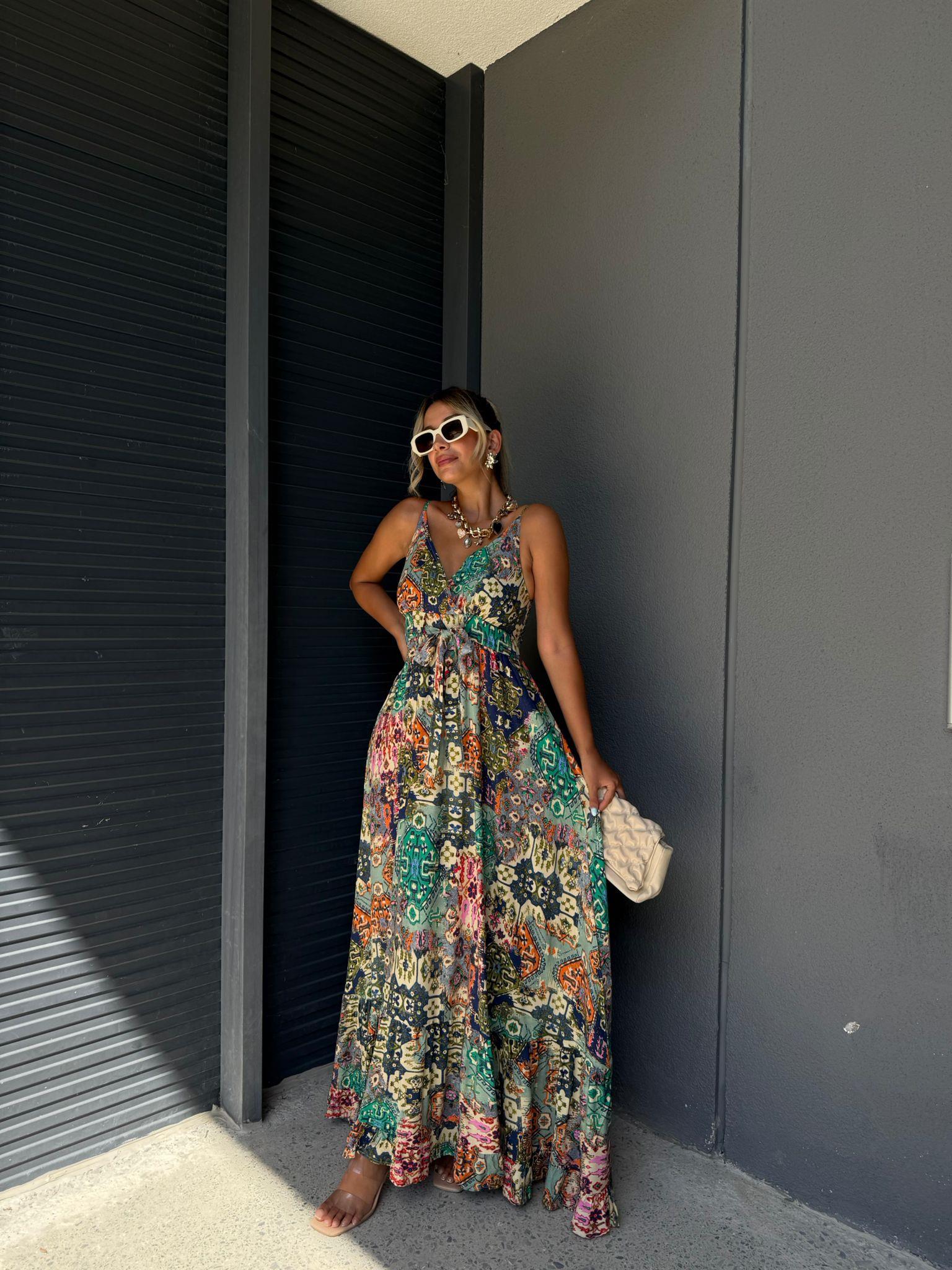 Pinny İp Askı Şal Desenli Yeşil Elbise