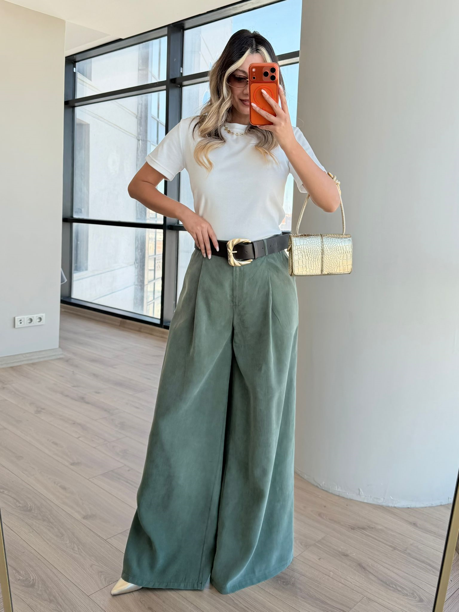 Yüksek Bel Haki Dökümlü Kumaş Pantolon 