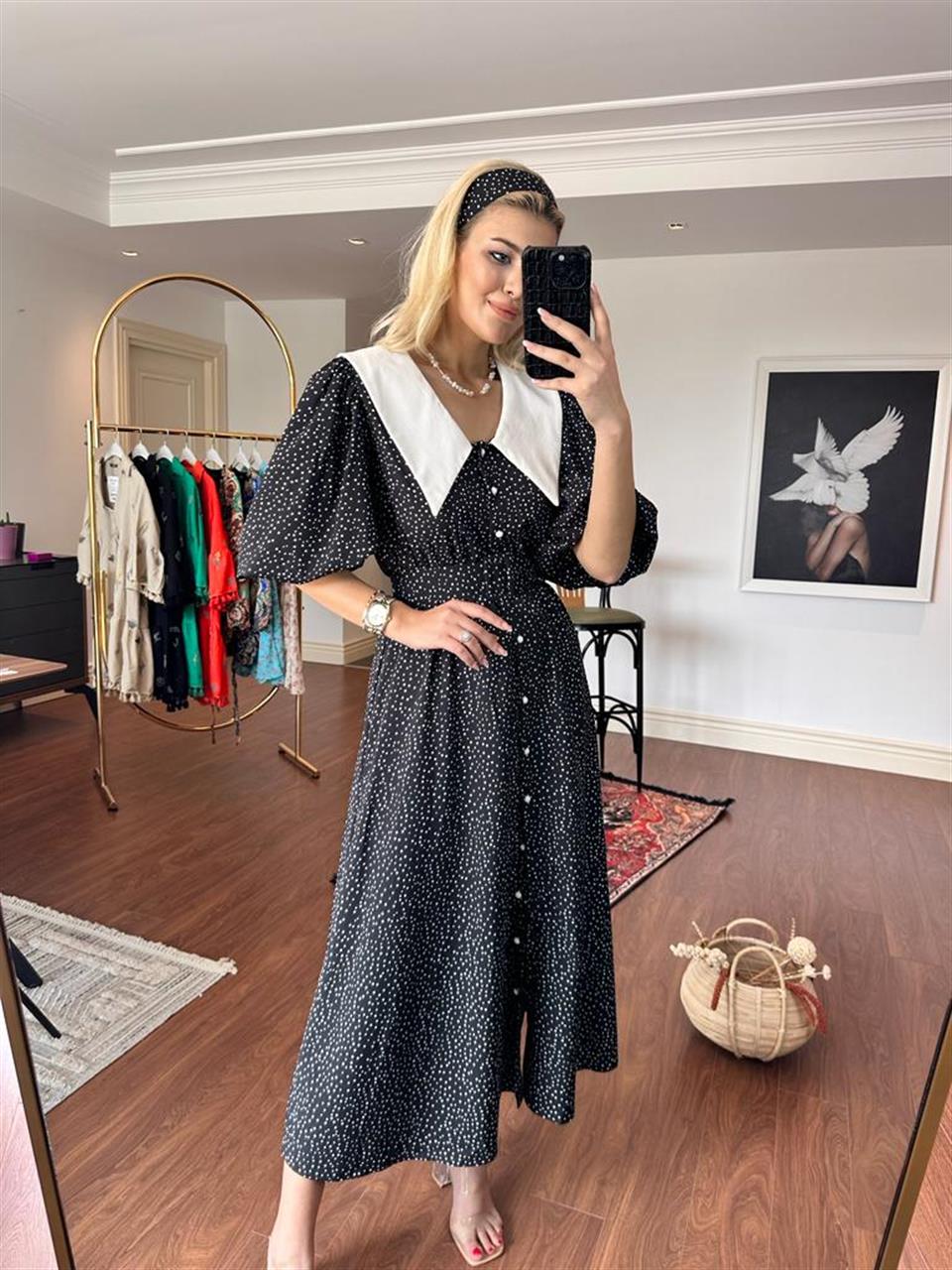 Bebe Yaka Balon Kol Puantiyeli Siyah Elbise 2005234