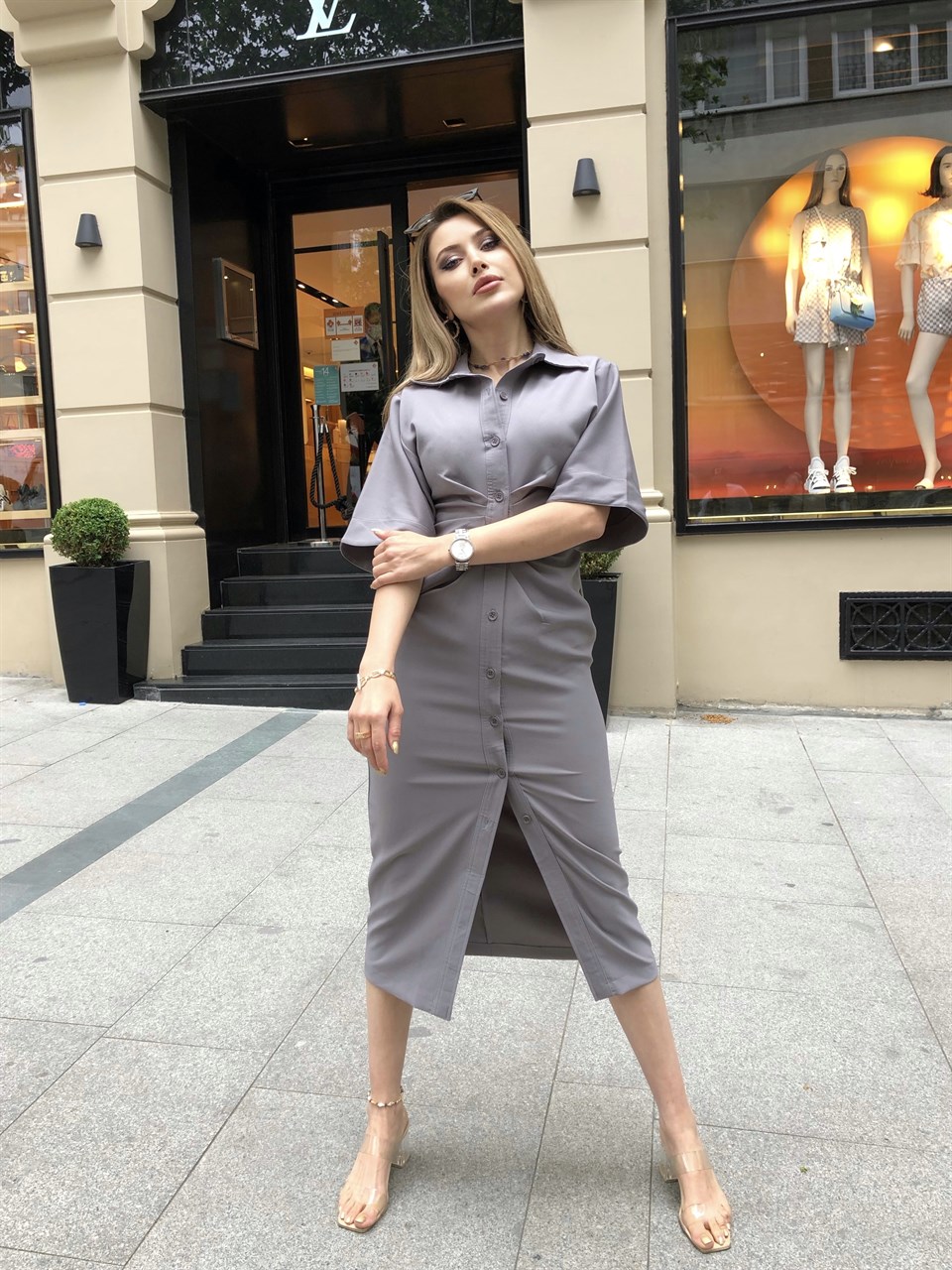Bel Büzgülü Elbise Kül Gri