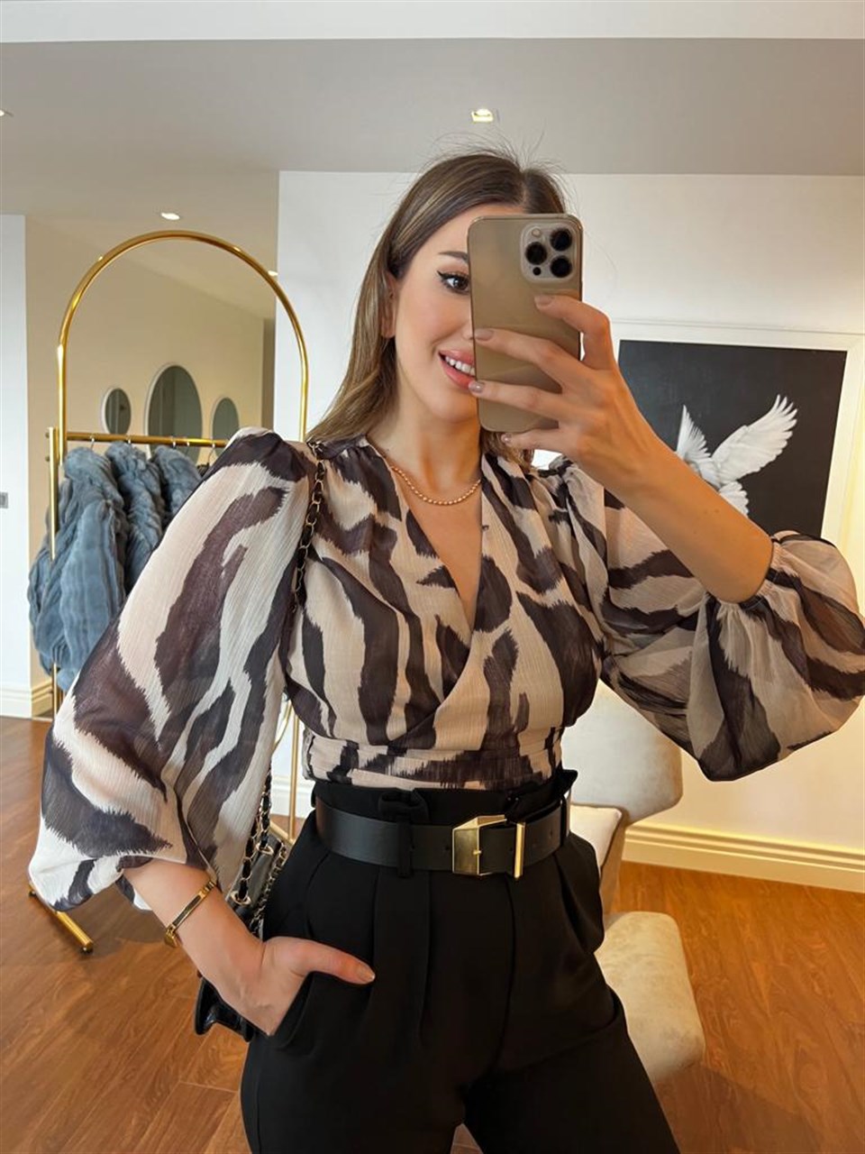 Bel Lastikli Batik Desen Şifon Bluz 4569