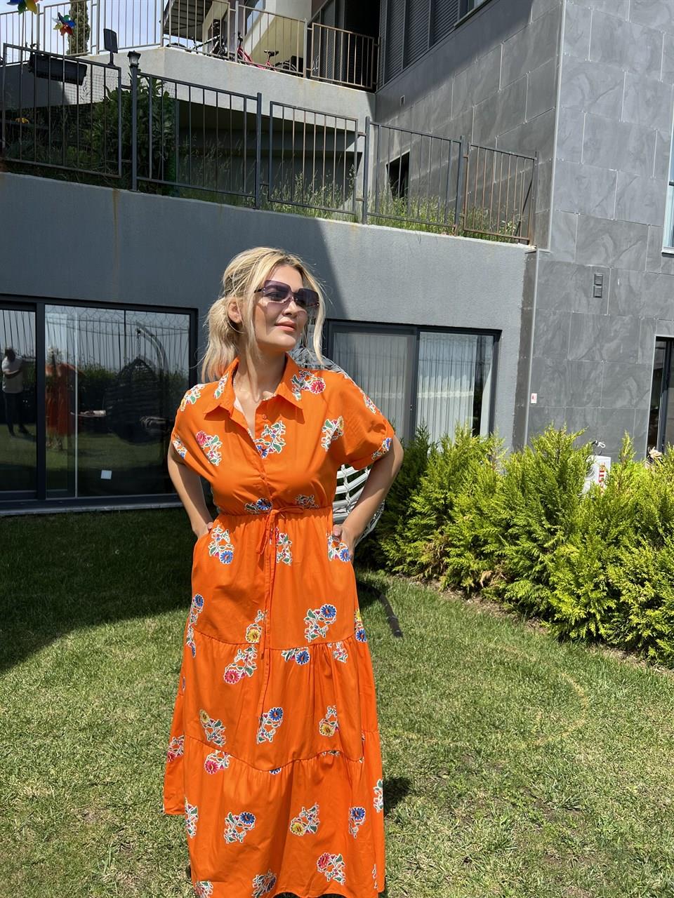 Bel Lastikli Desenli Turuncu Poplin Elbise