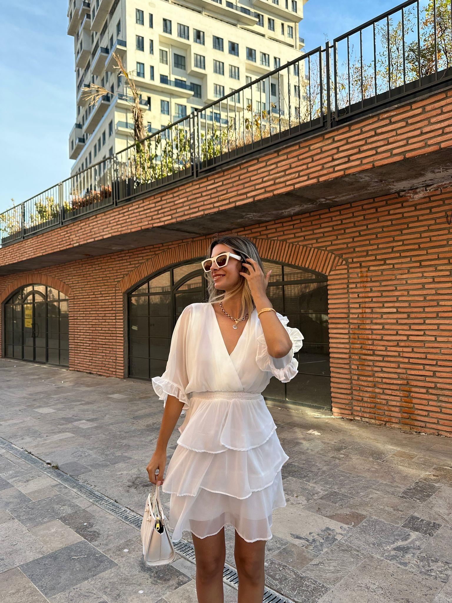 Bel Lastikli Kat Kat Şifon Elbise Beyaz 070621111