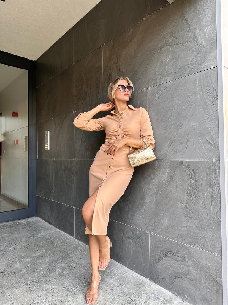 Betty Büzgü Detay Gold Düğme Gömlek Krem Elbise 1707460