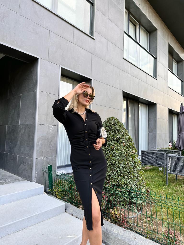 Betty Büzgü Detay Gold Düğme Gömlek Siyah Elbise 1707460