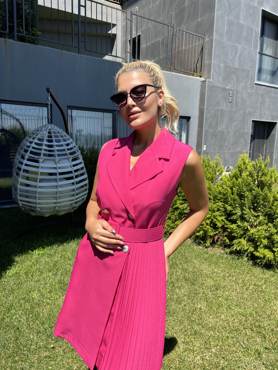 Bianca Piliseli Kemerli Pembe Elbise 