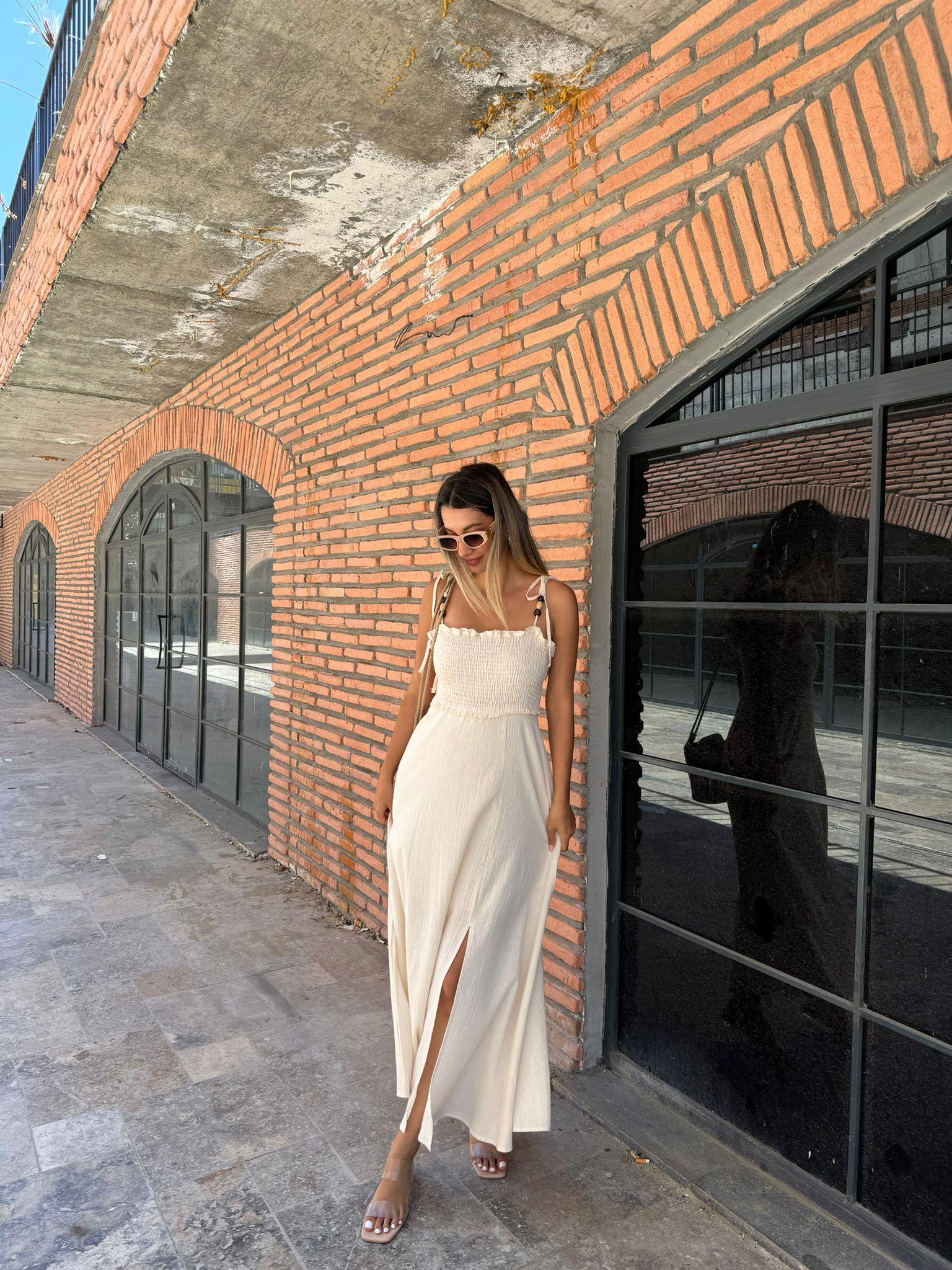 Boncuk Askılı Gipeli Keten Elbise 070621144