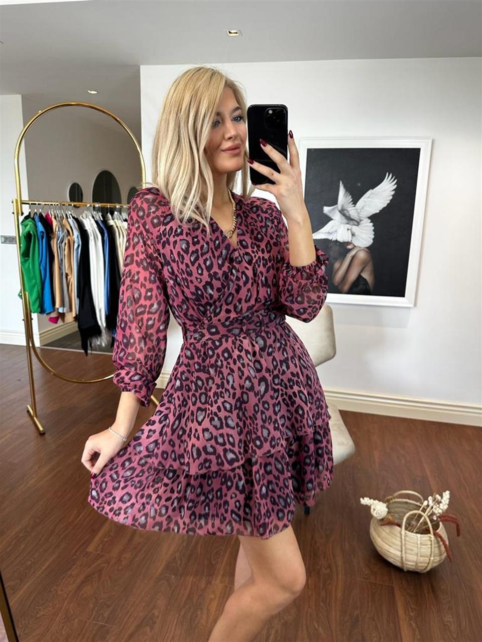 Bordo Kemerli Leopar Desen Elbise 0804124