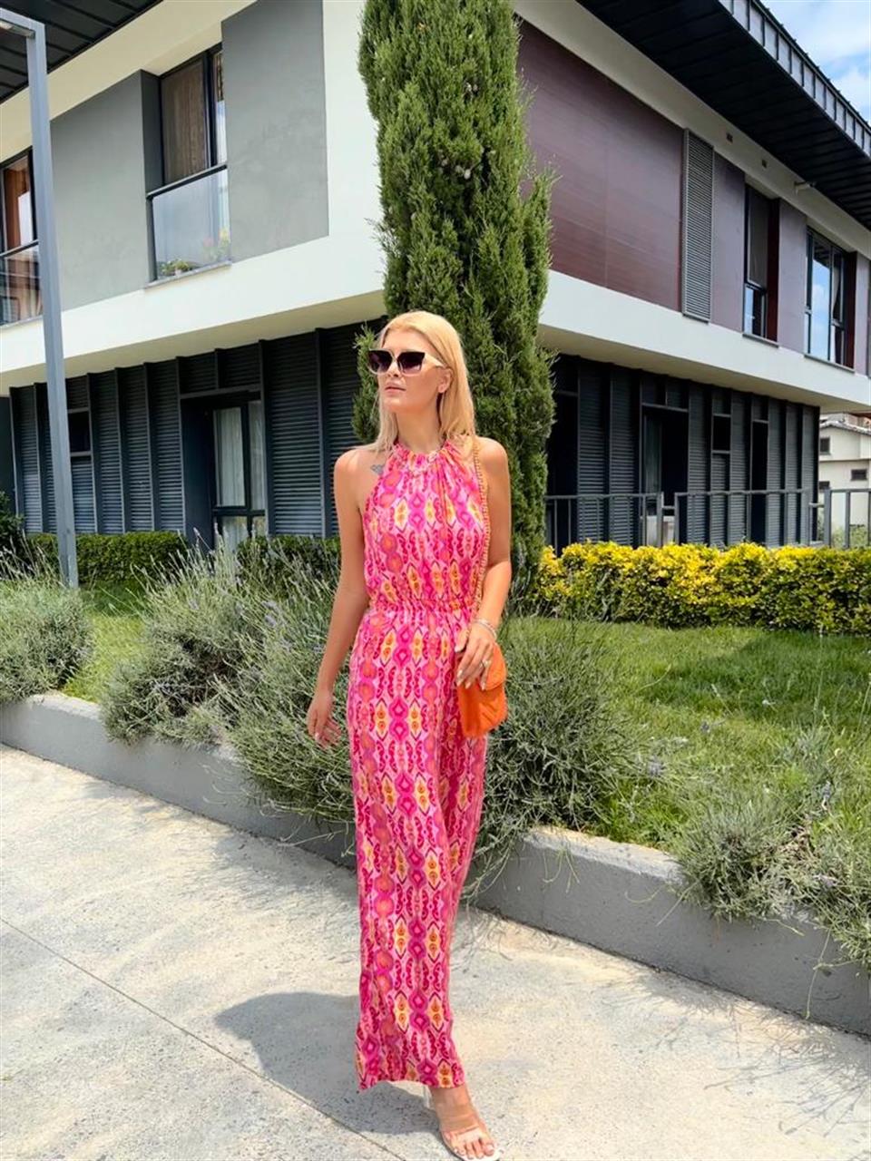 Boyun Bağlamalı Desenli Viskon Tulum  1005223