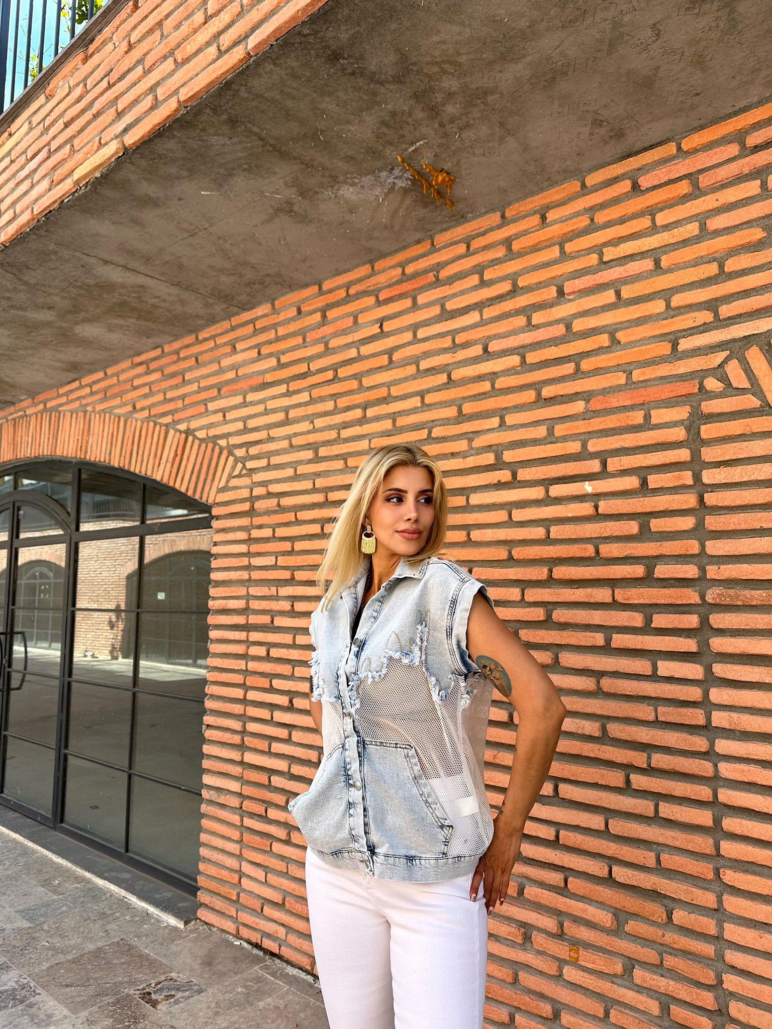 Buz Mavi Jean Detaylı File Yelek 0706293