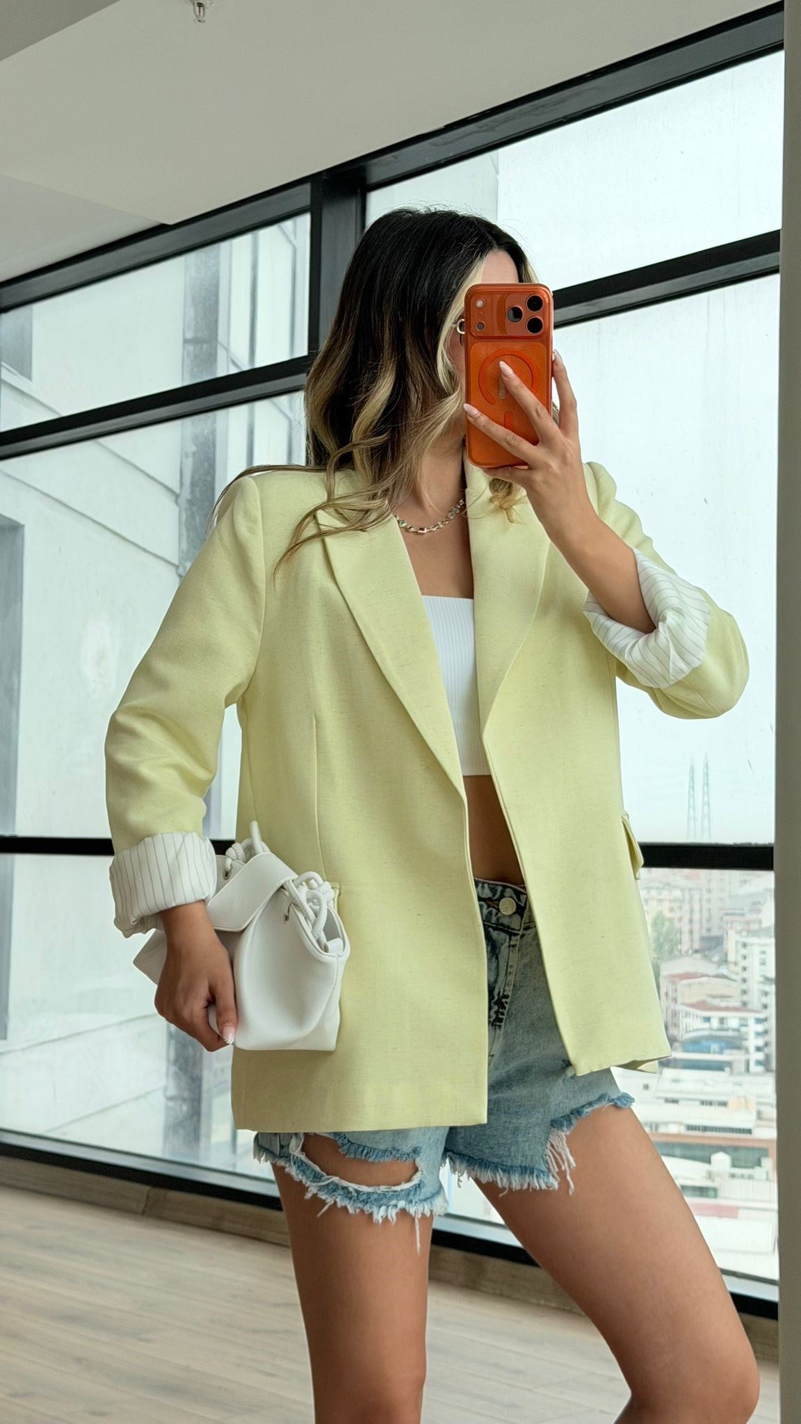 Kolu Katlamalalı Blazer Keten Ceket Sarı