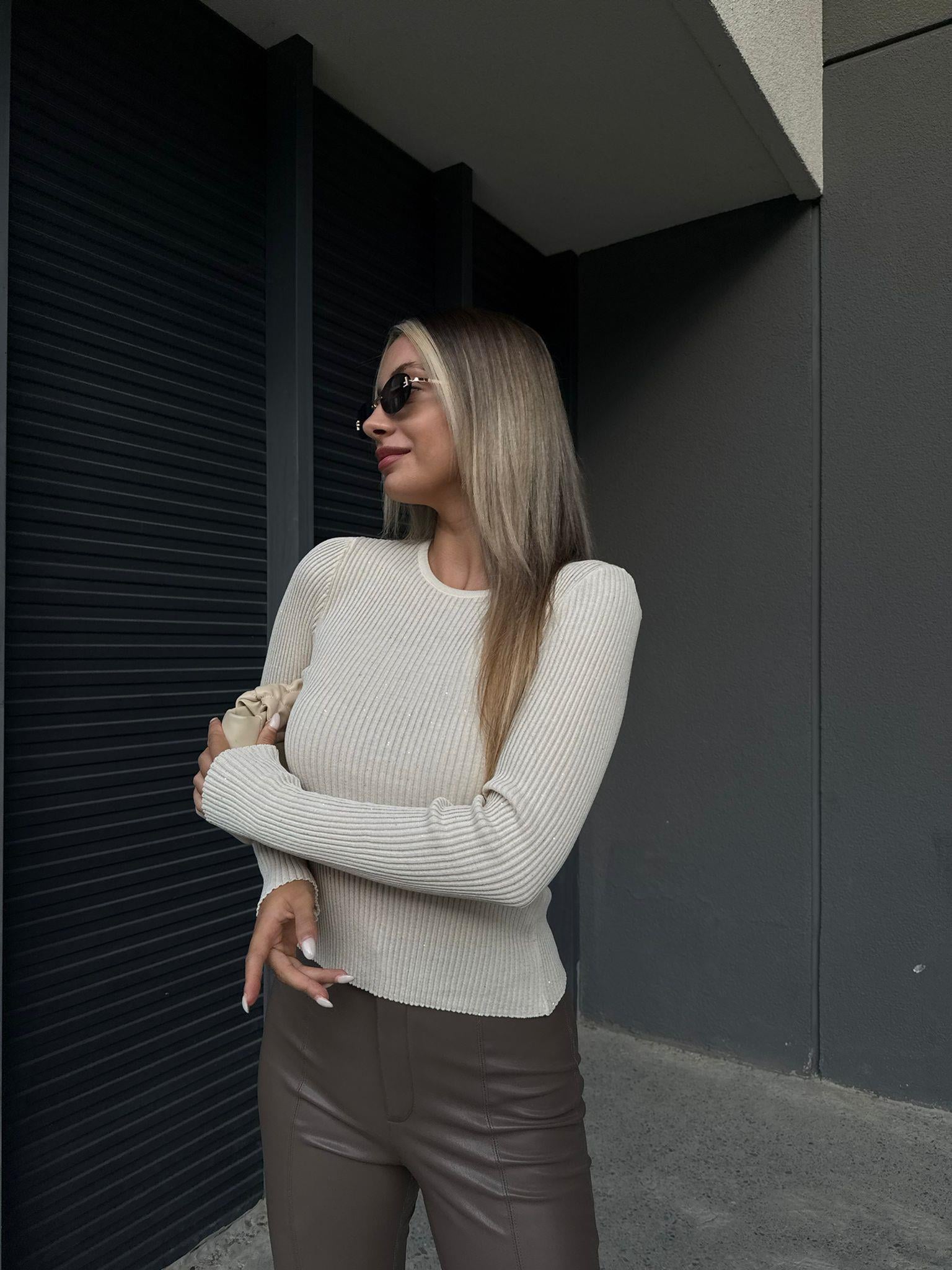 Parıltılı Fit Triko Krem