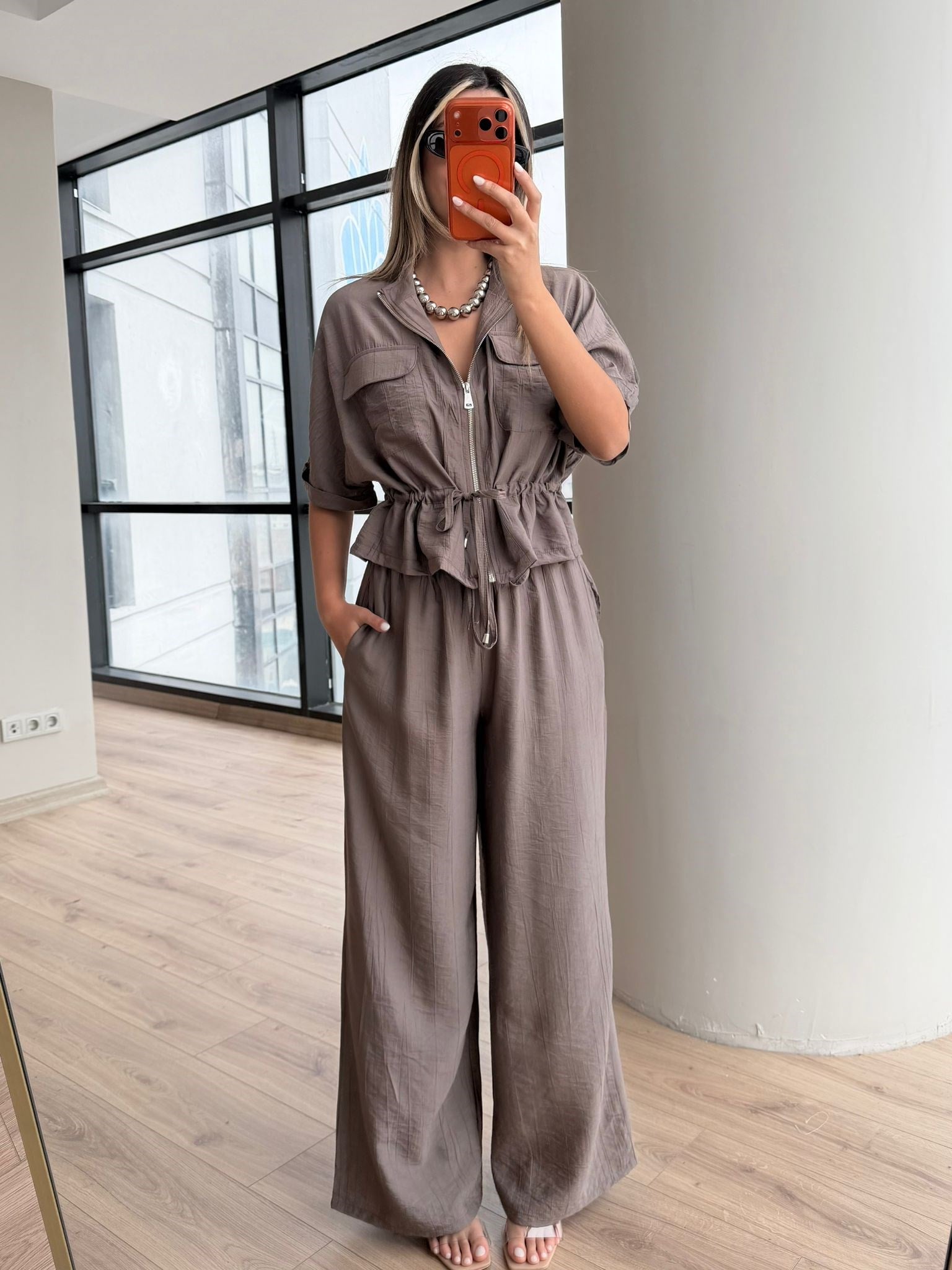 Kahve Beli Bağcıklı Fermuarlı Kadın Takım 