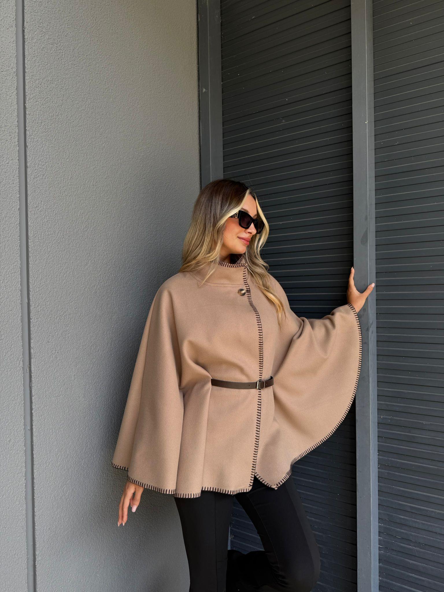 Çoban Dikişli Kemerli Panço Camel