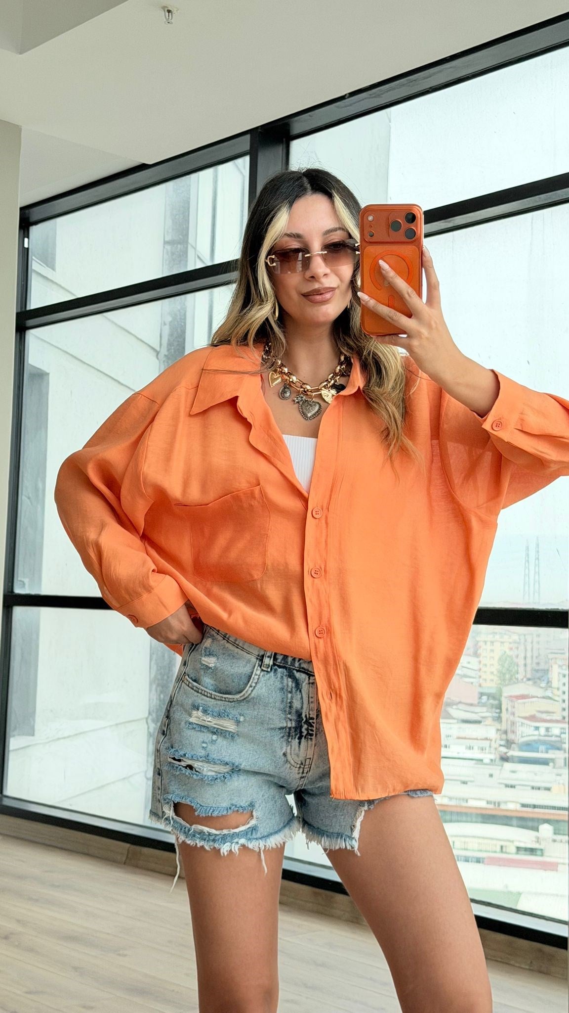 Premium Düşük Omuzlu Oversize Gömlek Turuncu