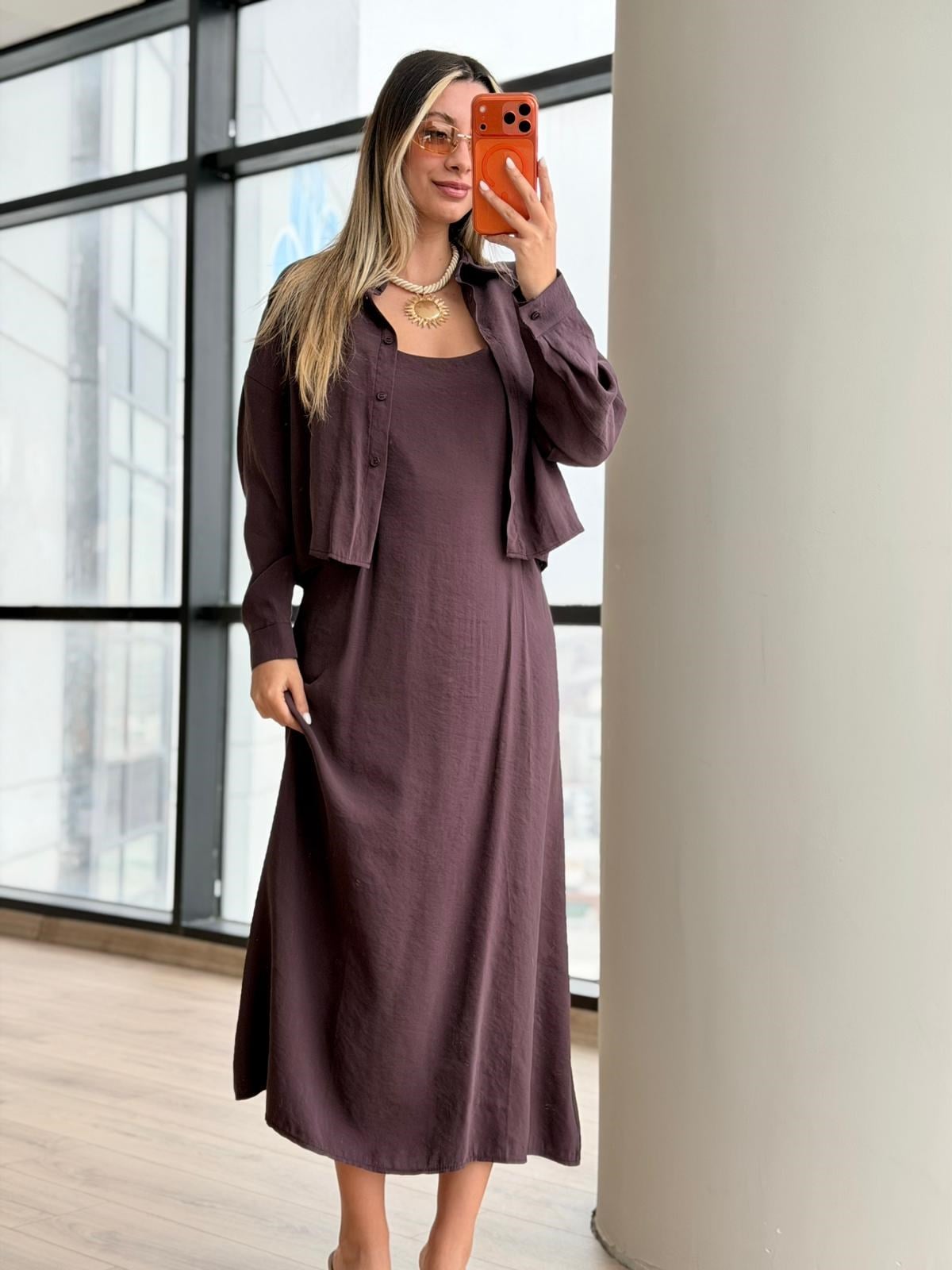 Gömlekli Askılı Modal Elbise Takım Mürdüm