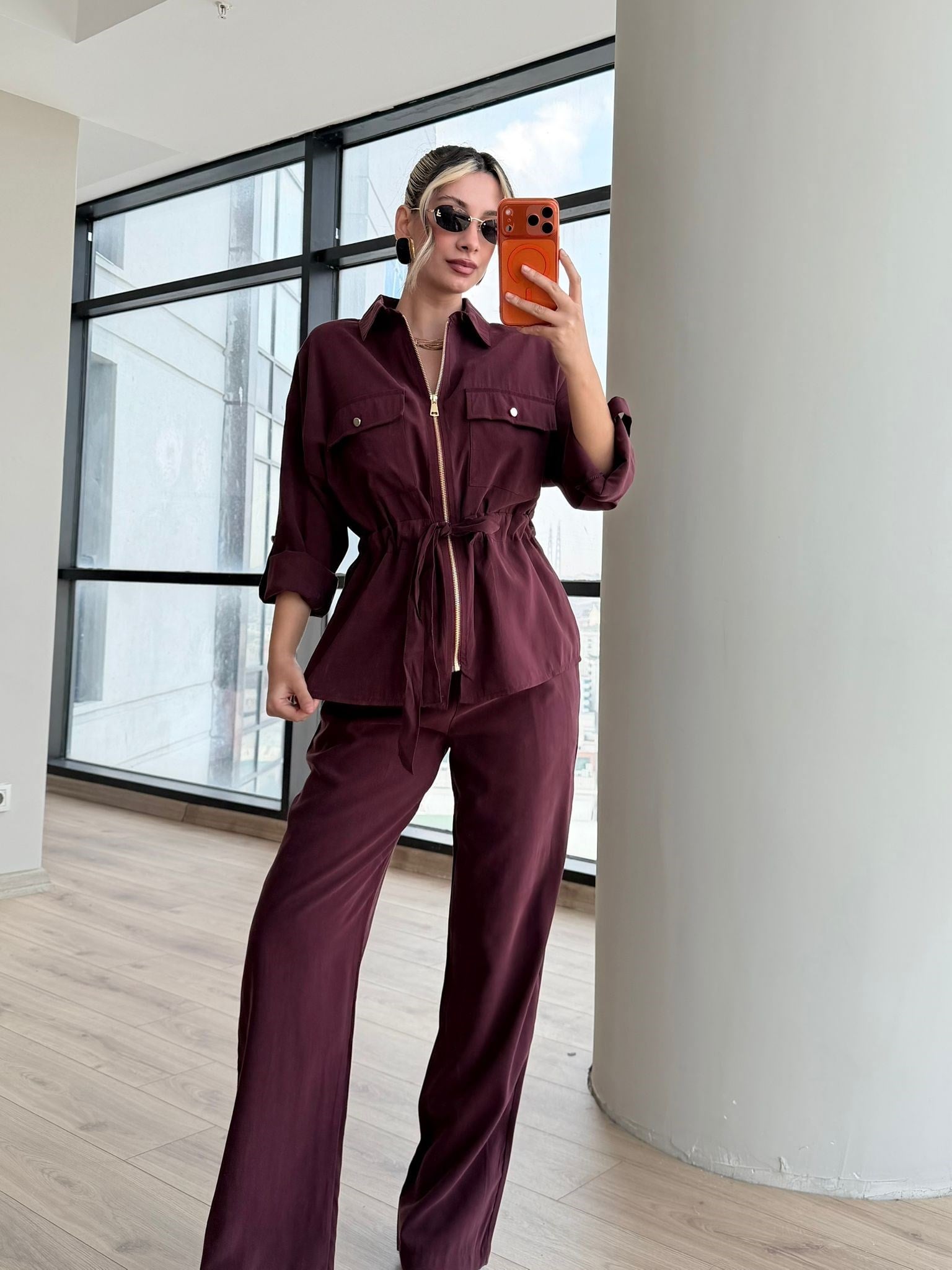 Orjinal Etiketli Mürdüm Fermuarlı Beli Bağcıklı Takım