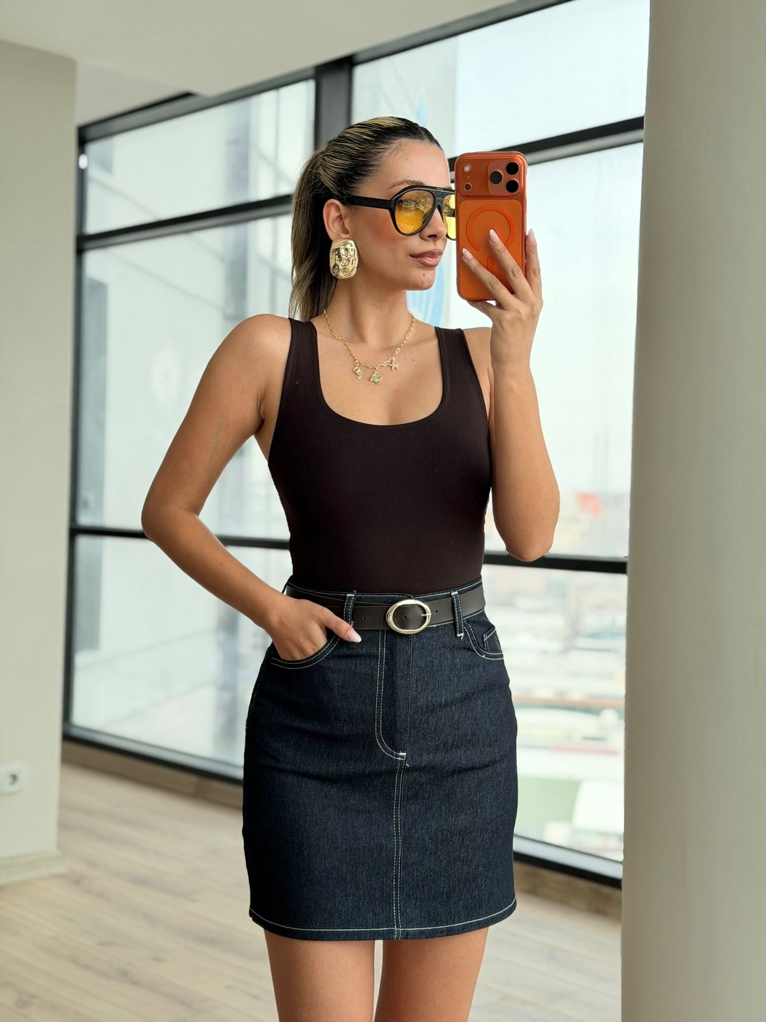 Kemerli Mini Denim Etek Lacivert