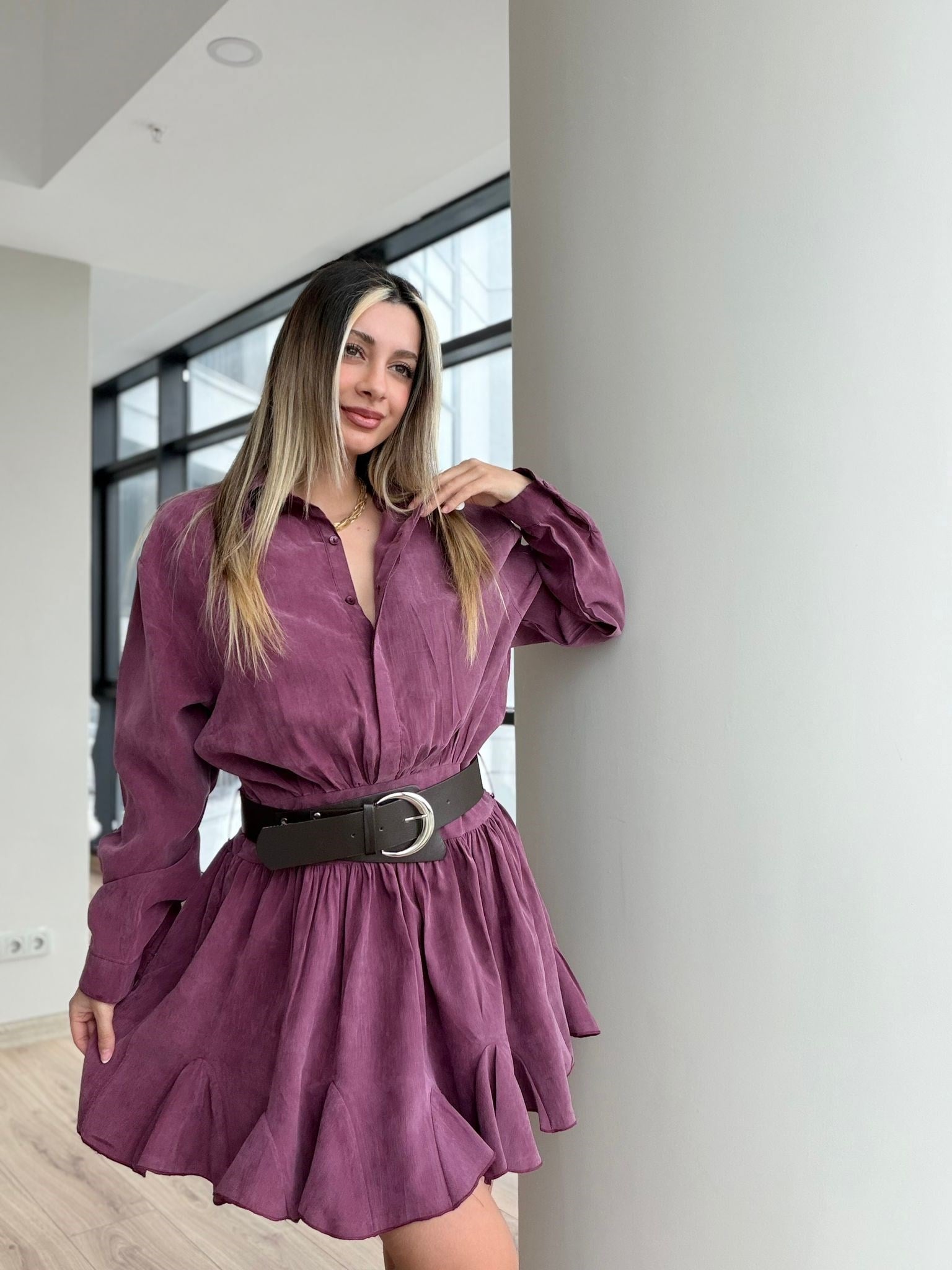 Carolina Tensel Kumaş Kemerli Etek Hareketli Elbise Pastel Pembe