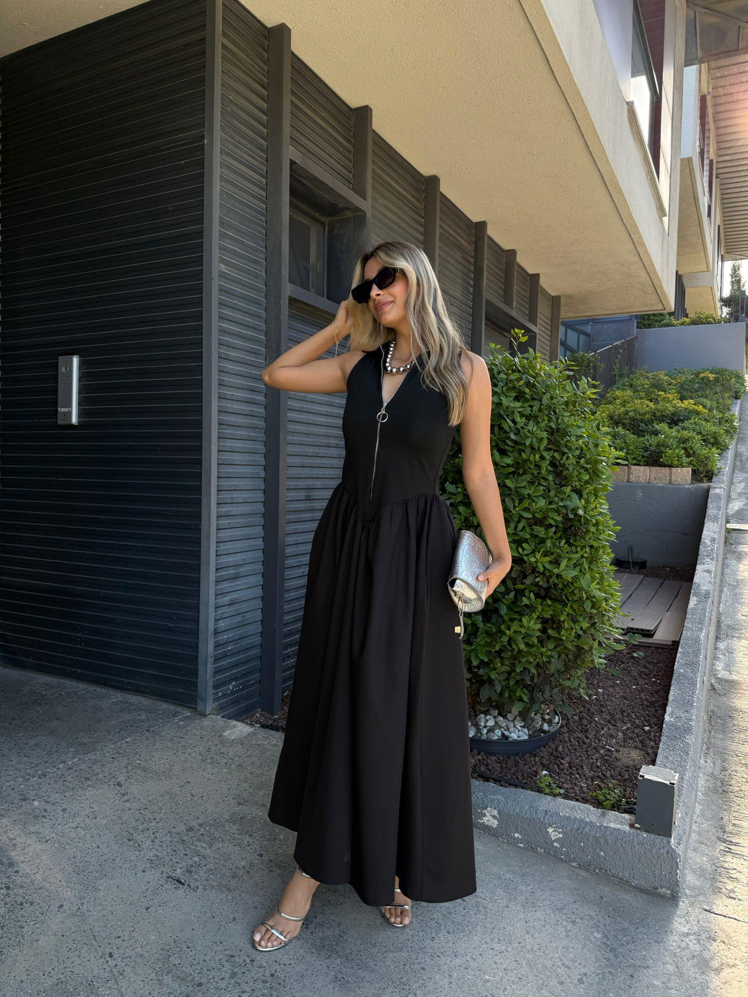 Üst Duble Örme Eteği Poplin Elbise Siyah