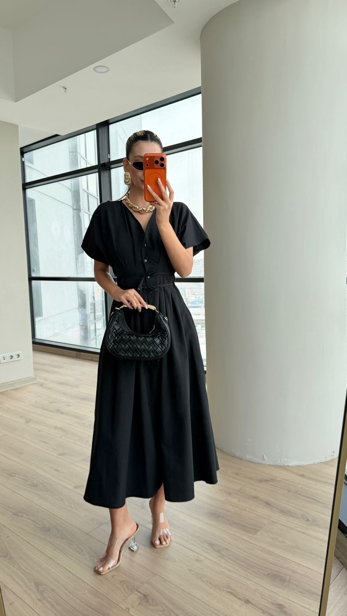 Boydan Boya Düğmeli İnce Kuşak İpli Elbise Siyah