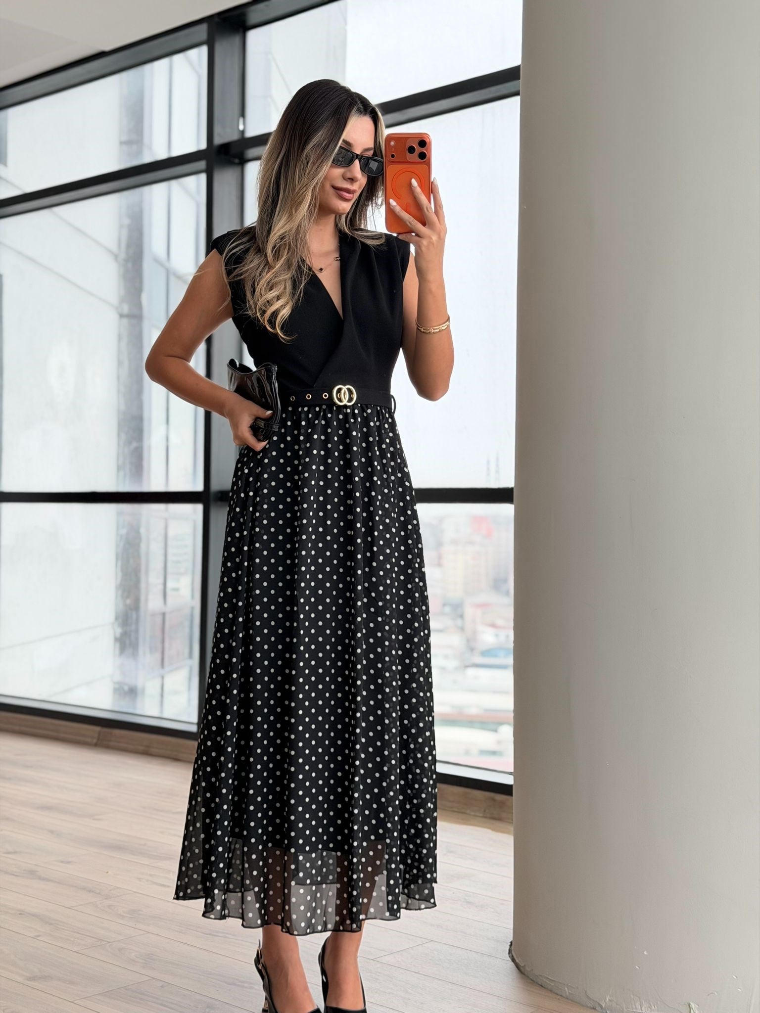 Puantiyeli Kombinasyon Elbise Siyah