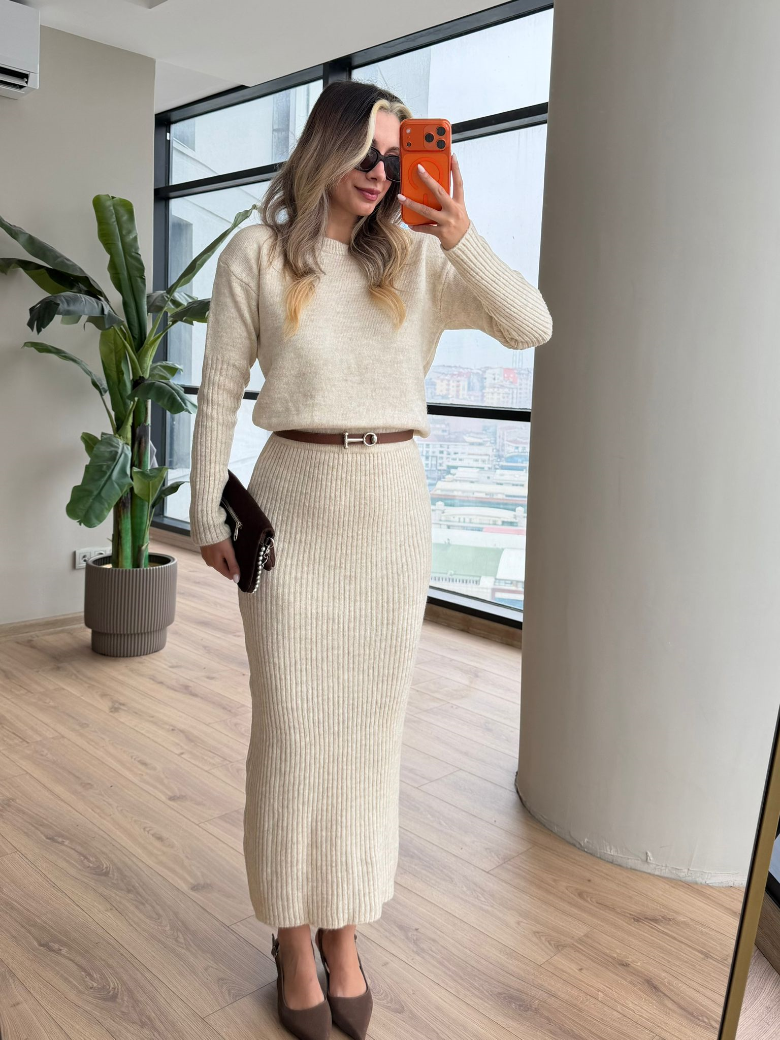 Firo Kemerli Triko Elbise Bej 