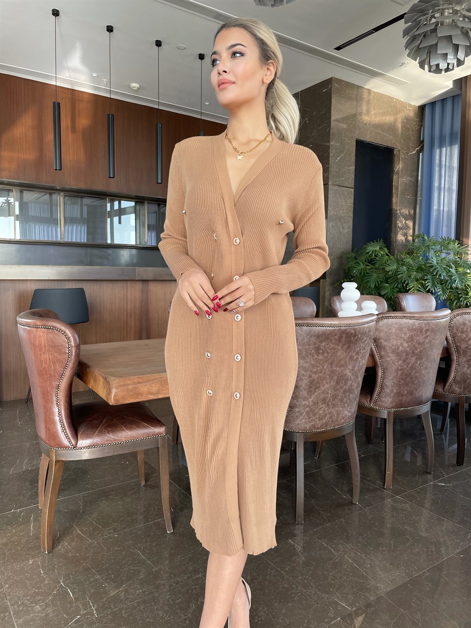 Camel Gold Düğme Detay Tasarım Triko Elbise