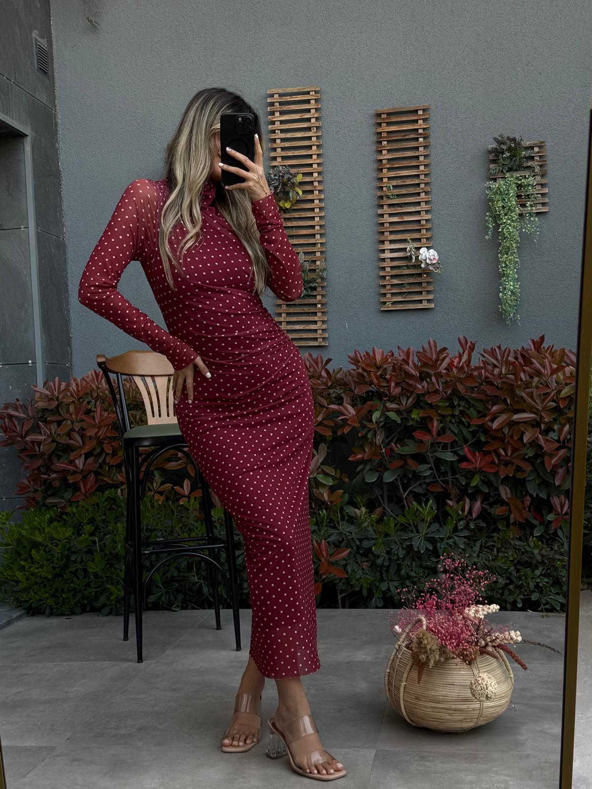 Çapraz Pileli Astarlı Bordo Puantiyeli Elbiseyelbs2208grs