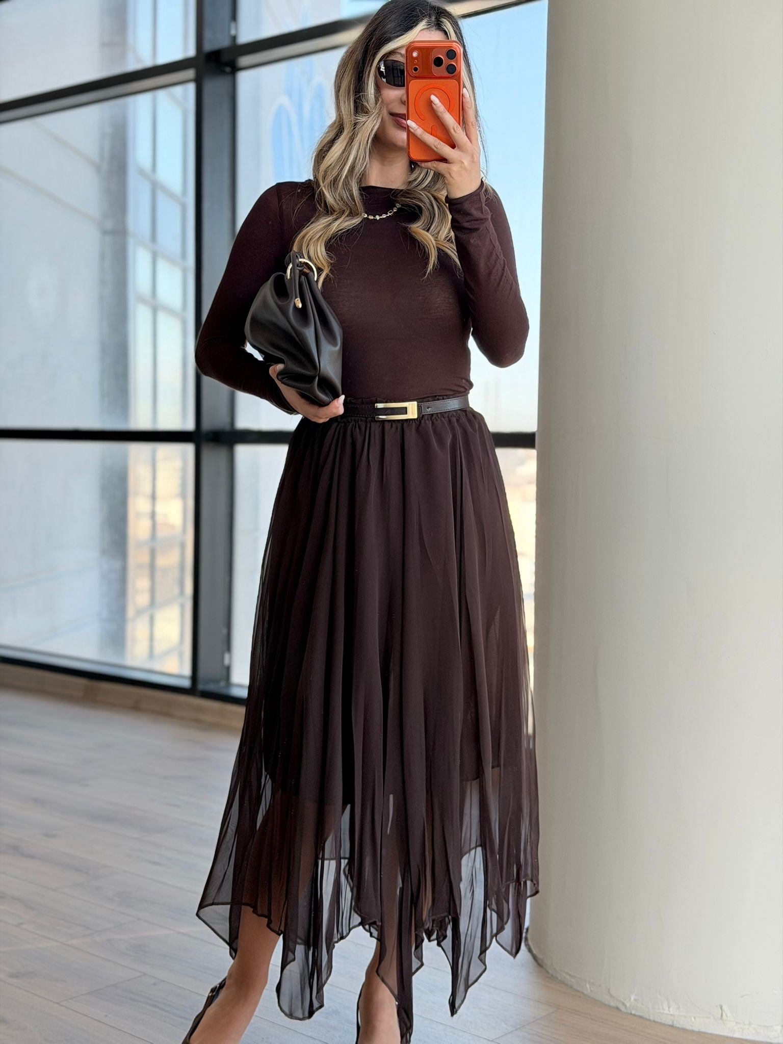 Çikolata Kahve Şifon Pliseli Etek