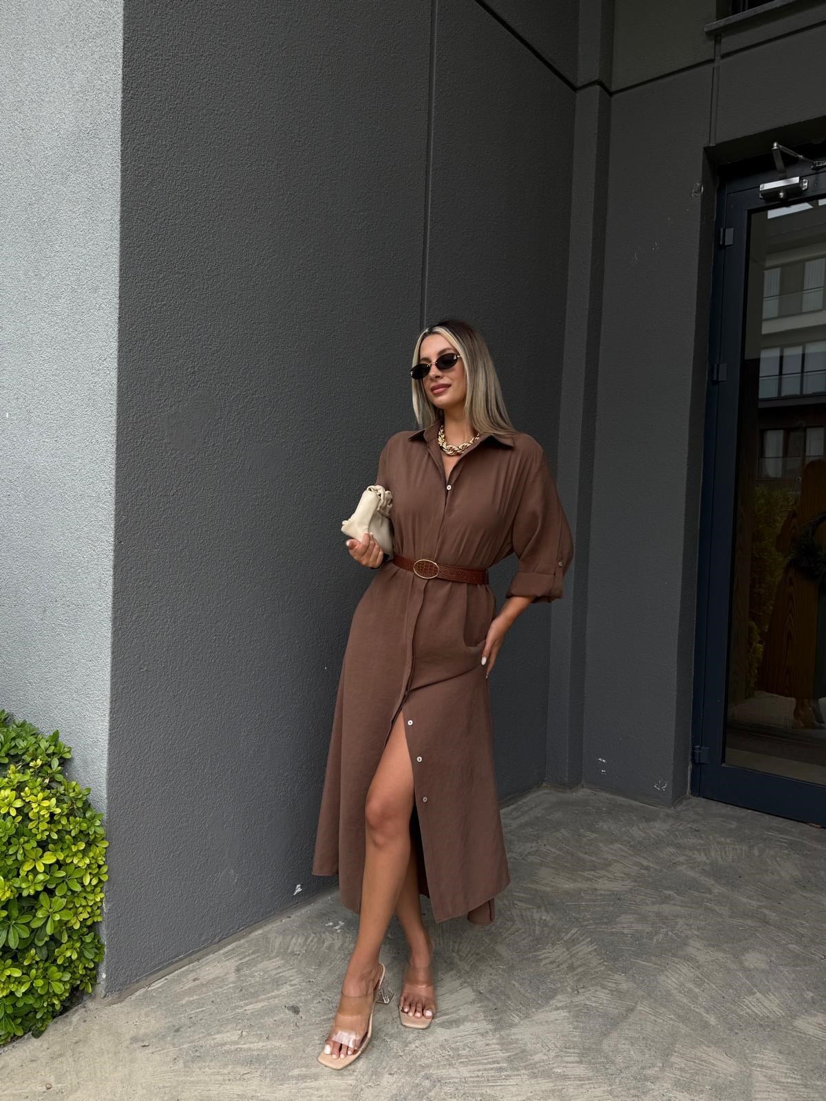 Premium Seri Tensel Kumaş Kemerli Salaş Gömlek Elbise Kahverengi