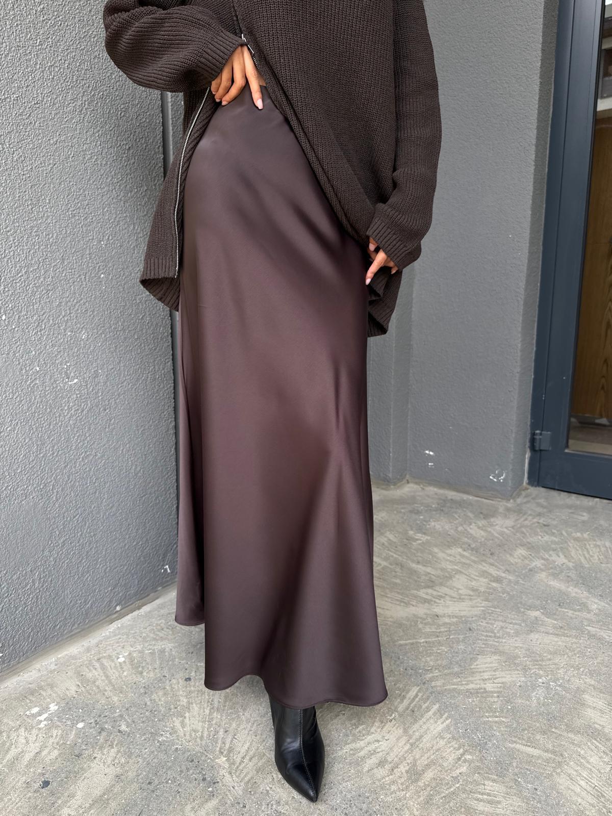 Kahverengi Beli Lastikli Maxi Saten Etek