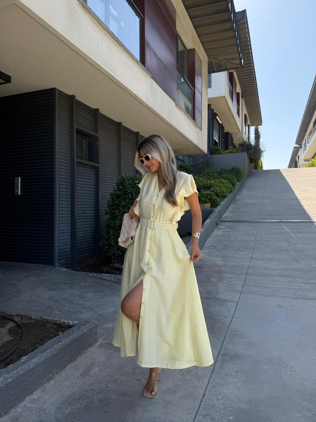 Fırfır Kol Kemerli V Yaka Gömlek Elbise Açık Sarı