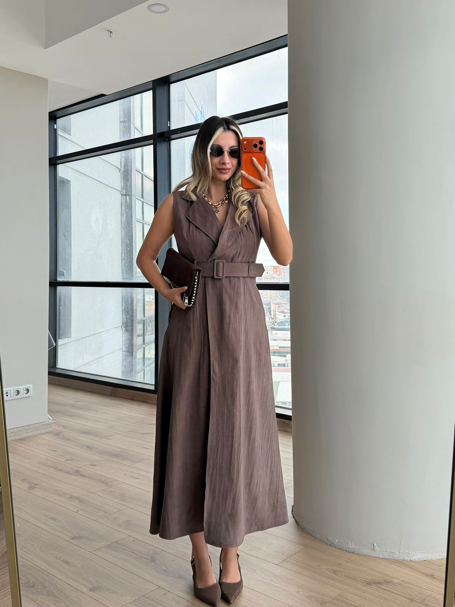 Trikoton Kemerli Kolsuz Vizon Elbise