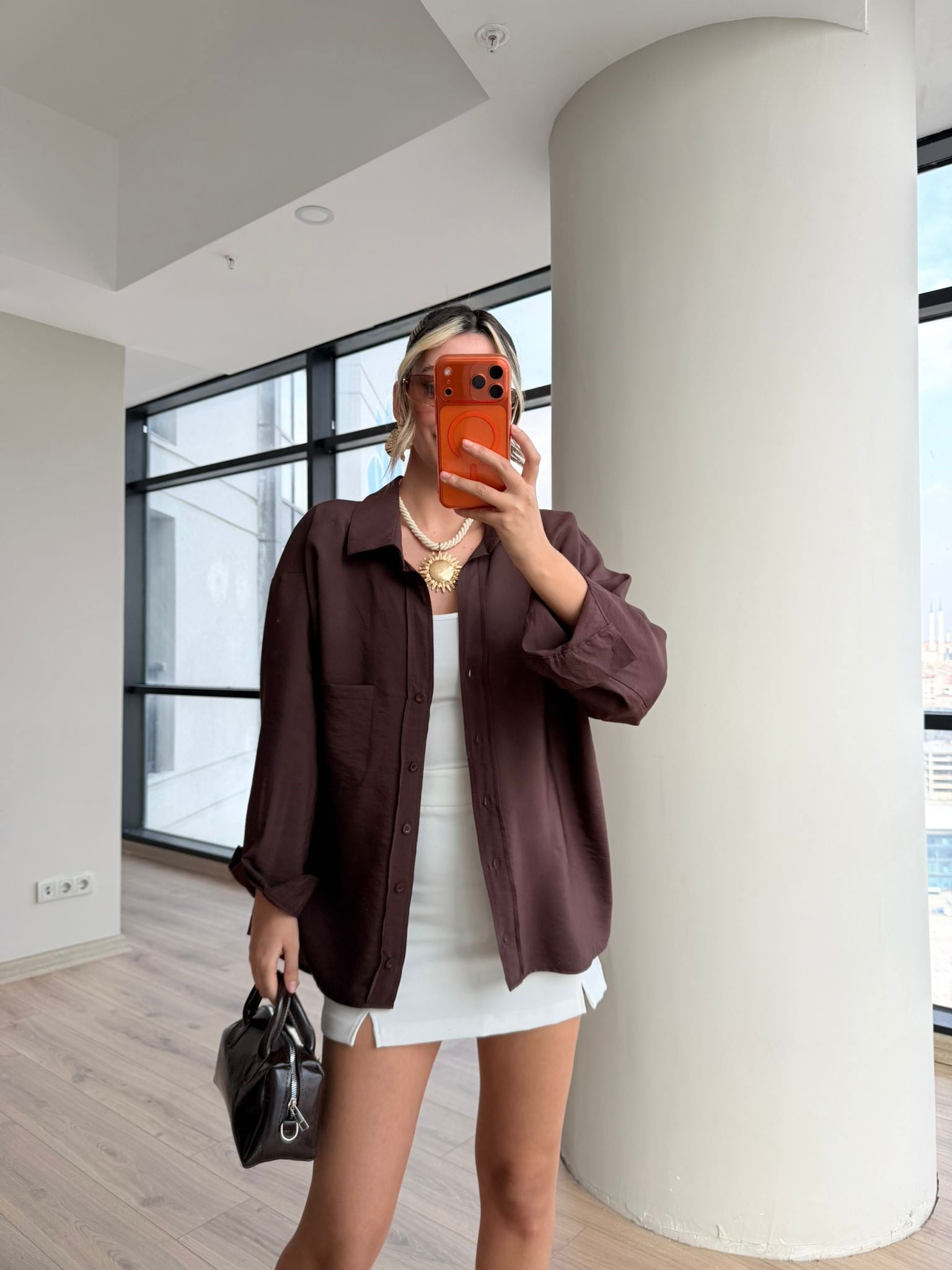 Mass Orijinal Etiketli Premium Oversize Kahverengi Kadın Gömlek