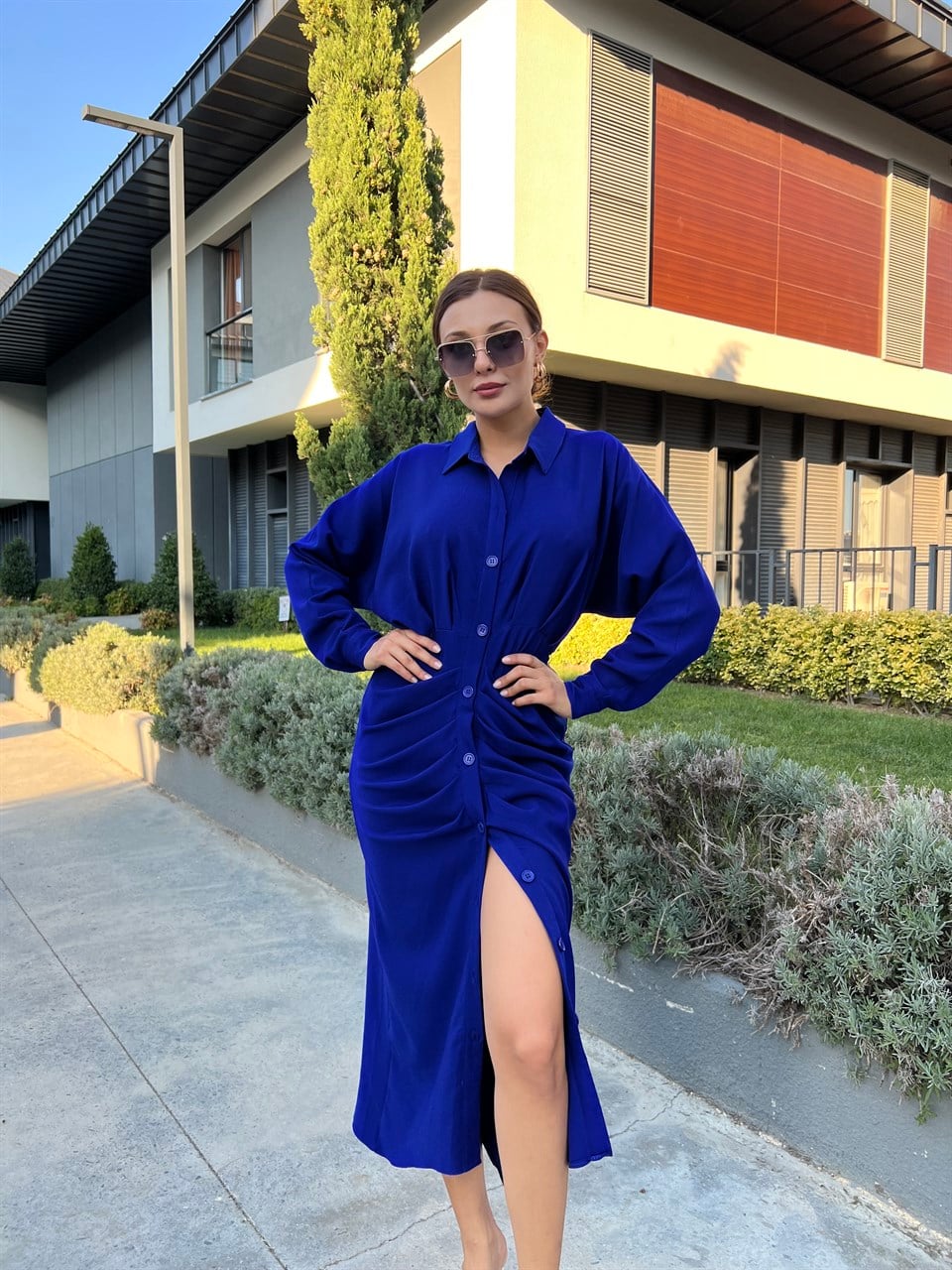 Celina Saks Bel Büzgü Gömlek Elbise