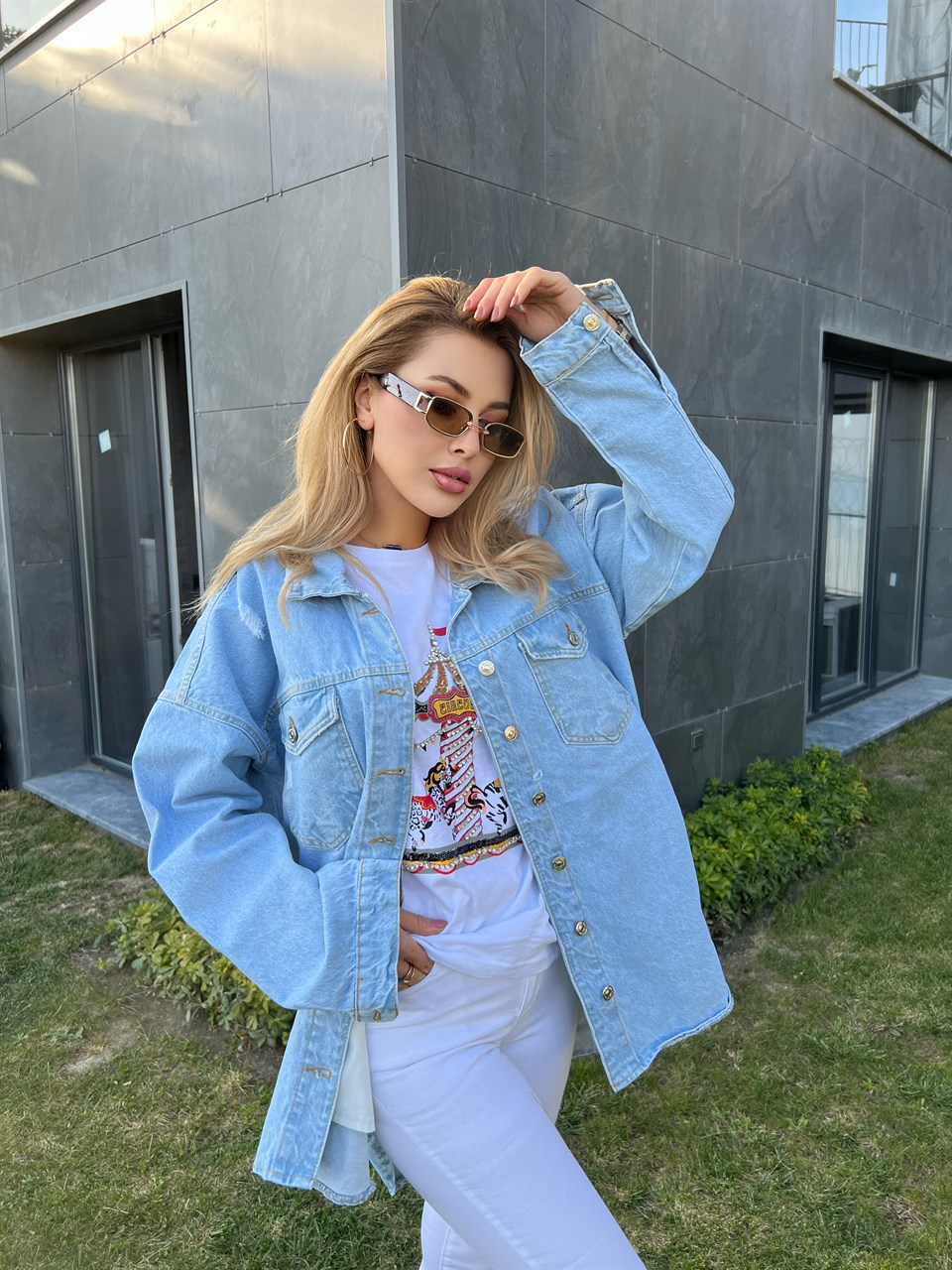 Cepli Buz Mavisi Jean Gömlek/Ceket
