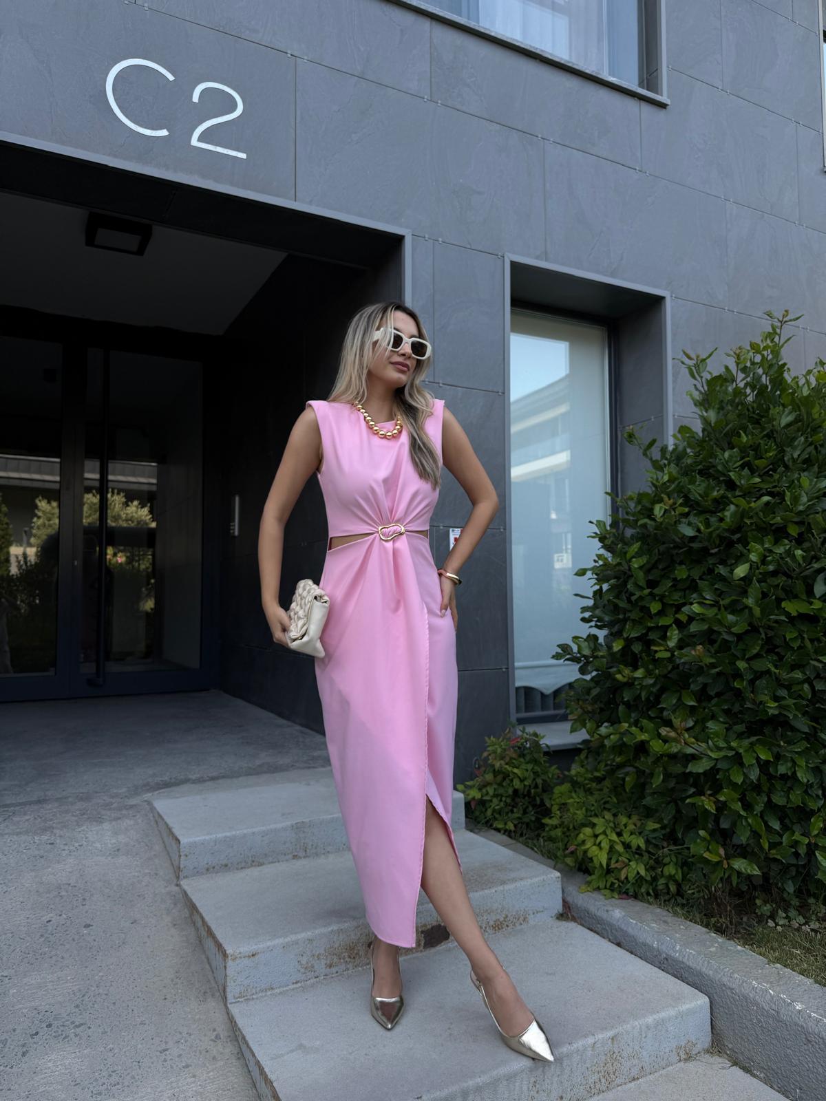 Zr Model Gold Toka Detay Yırtmaçlı Elbise Pembe