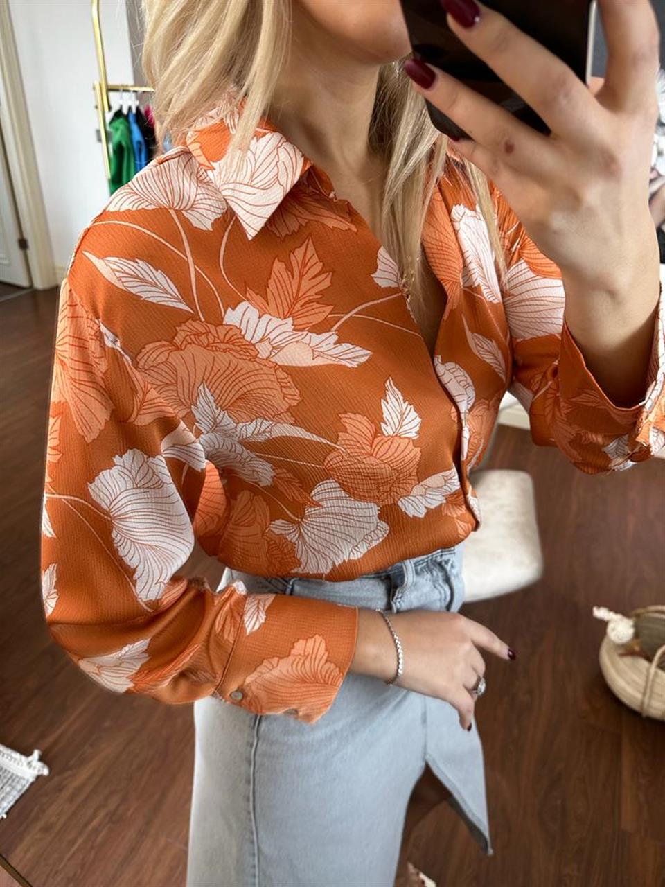 Çiçek Desen Turuncu Gömlek 0804121