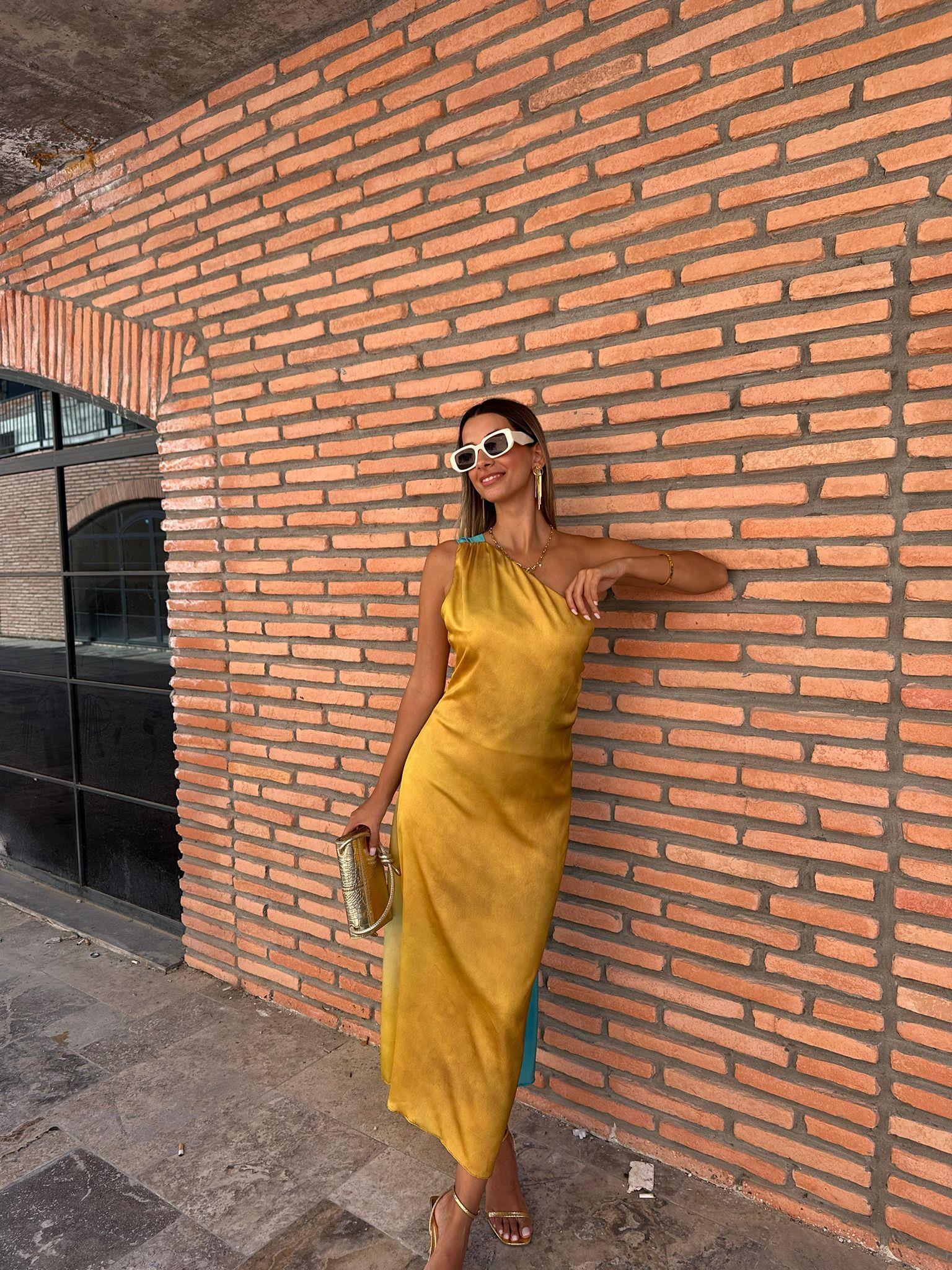 Çift Renk Tasarım Tek Omuz Saten Elbise 070621180