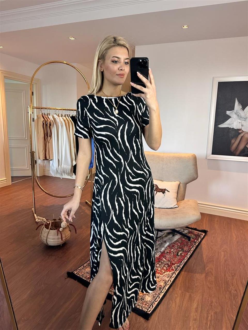 Çift Yırtmaçlı Zebra Viskon Elbise 1005229